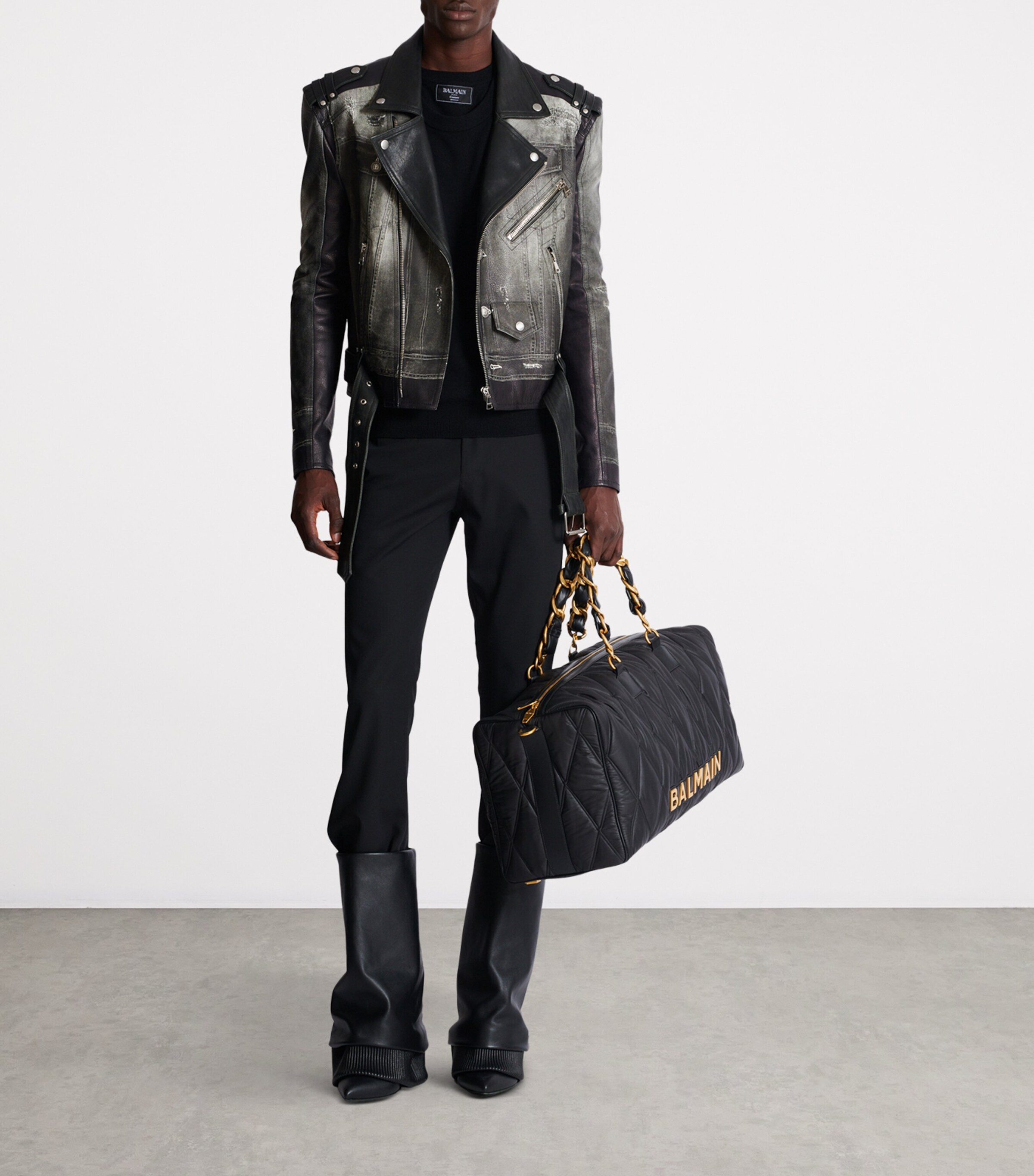 Balmain Mens Leather Denim Print Biker Jacker Yie Gris Denim/ Noir Image 6