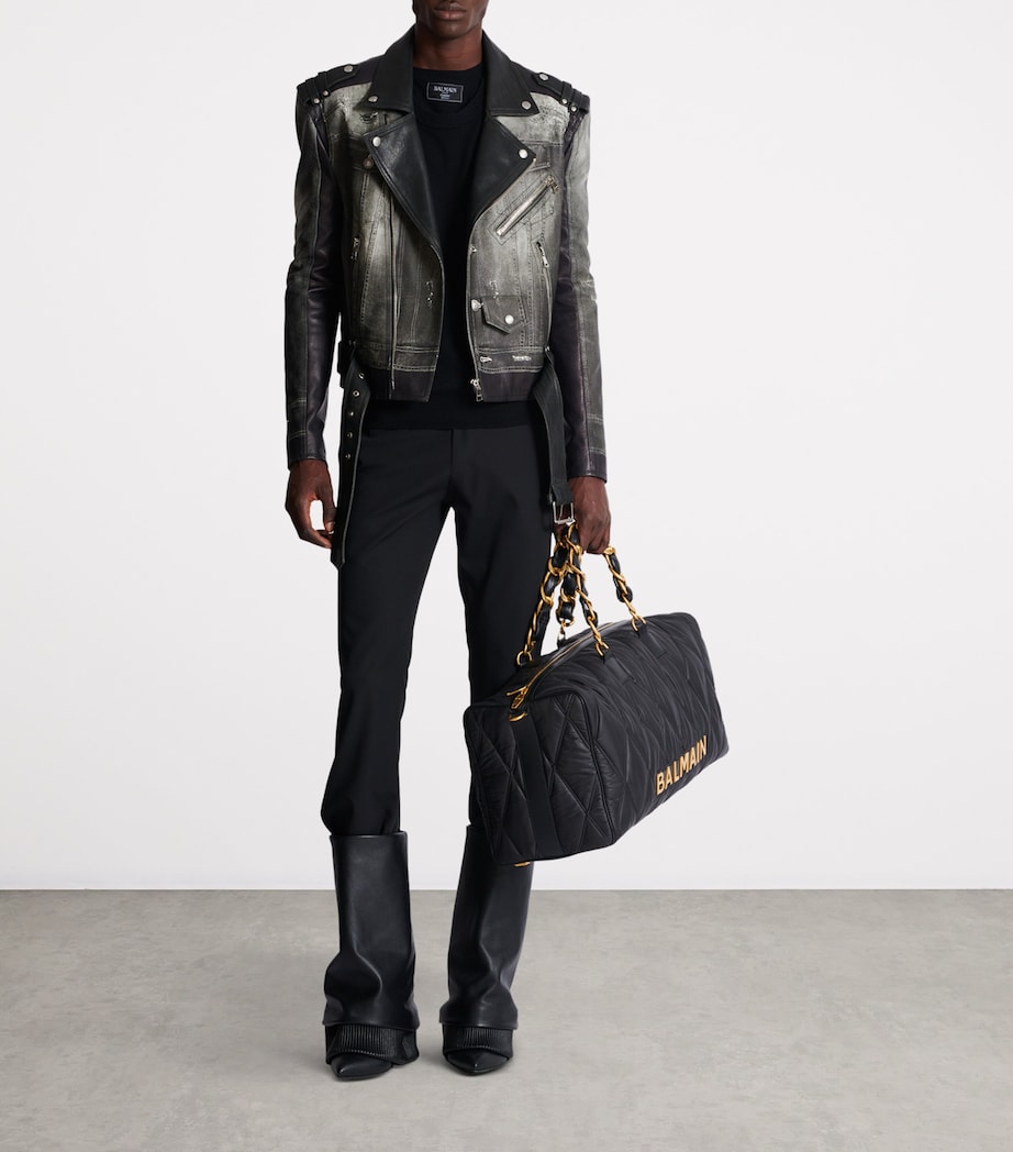 Balmain Mens Leather Denim Print Biker Jacker Yie Gris Denim/ Noir Image 6