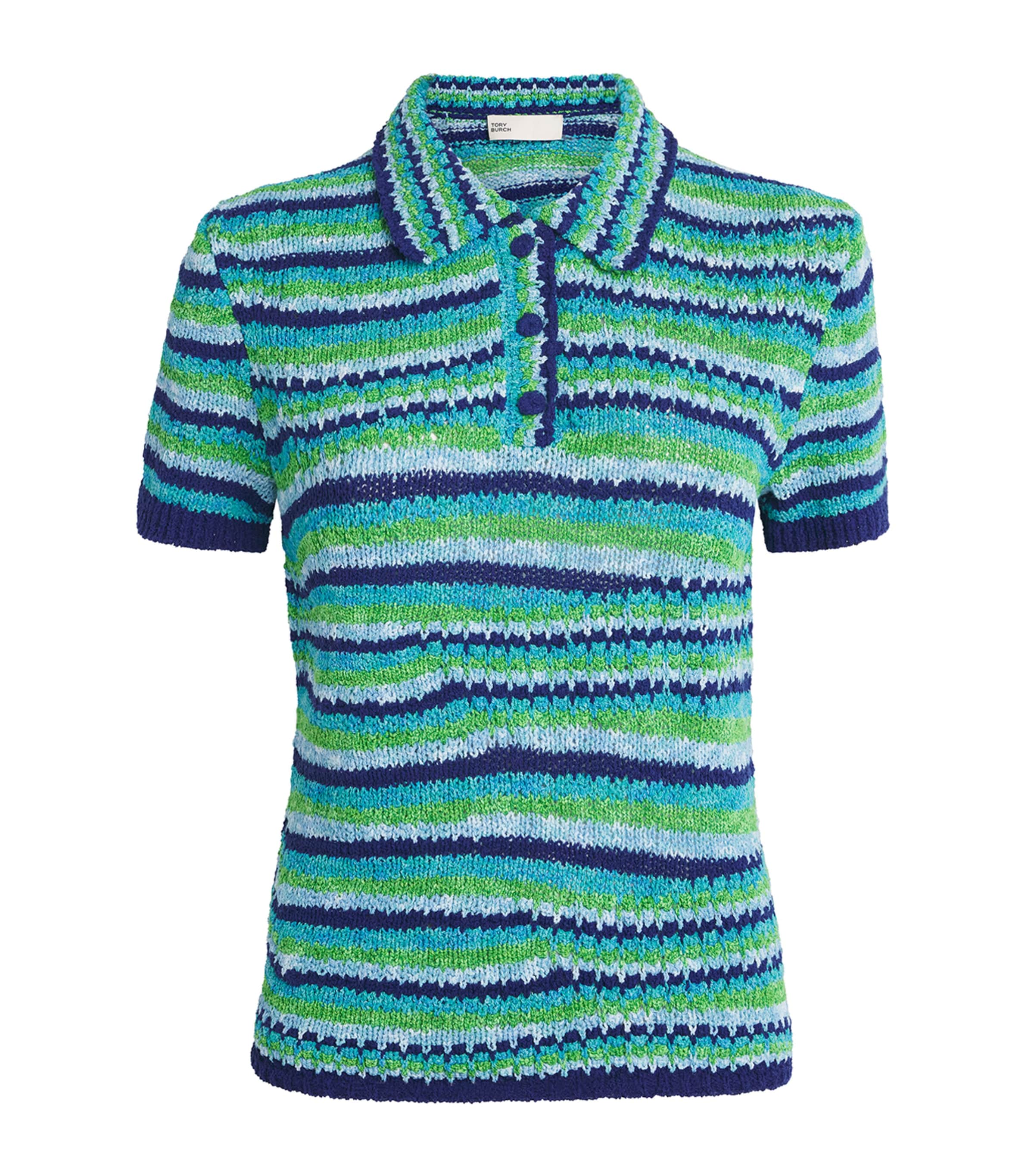 Tory Burch Womens Knitted Stripe Polo Shirt Ocn/lght Blu/grn Image 1