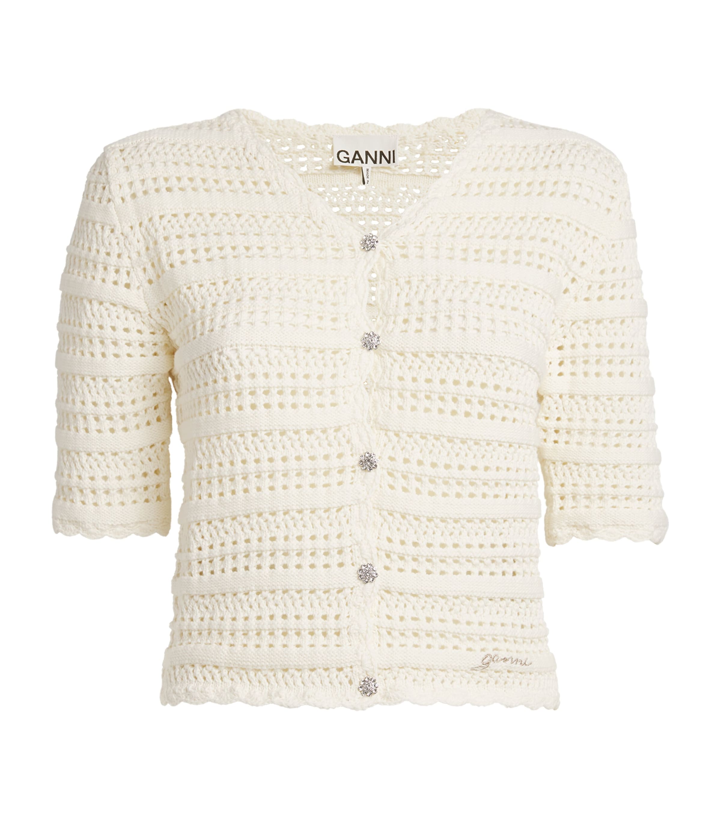 Shop Ganni Organic Cotton Crotchet Cardigan In White