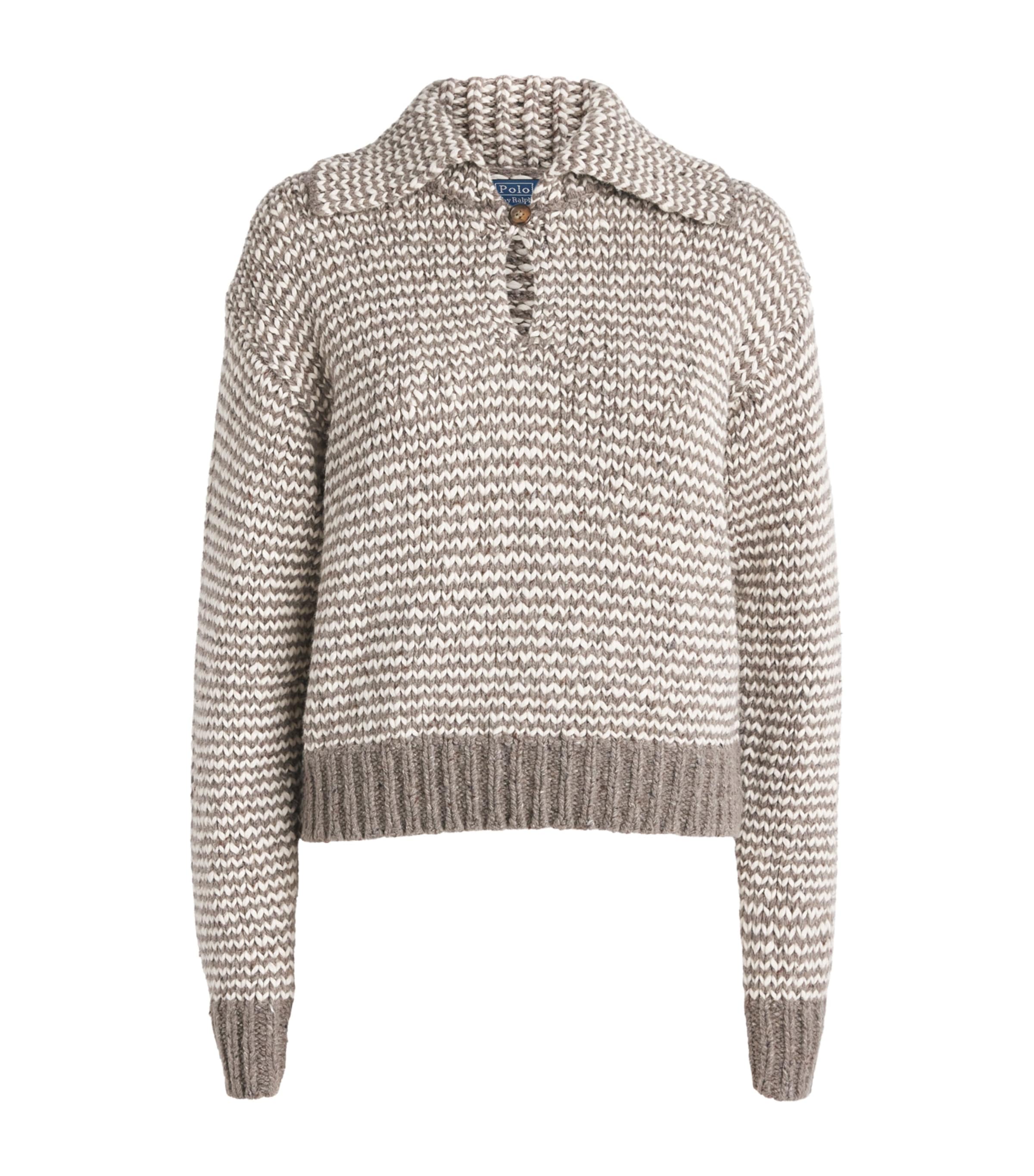 Polo Ralph Lauren Womens Cotton-Wool Blend Sweater Stone Grey/crm Strp Image 1