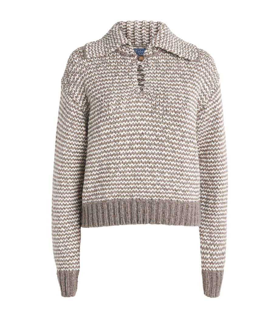Polo Ralph Lauren Womens Cotton-Wool Blend Sweater Stone Grey/crm Strp Image 1