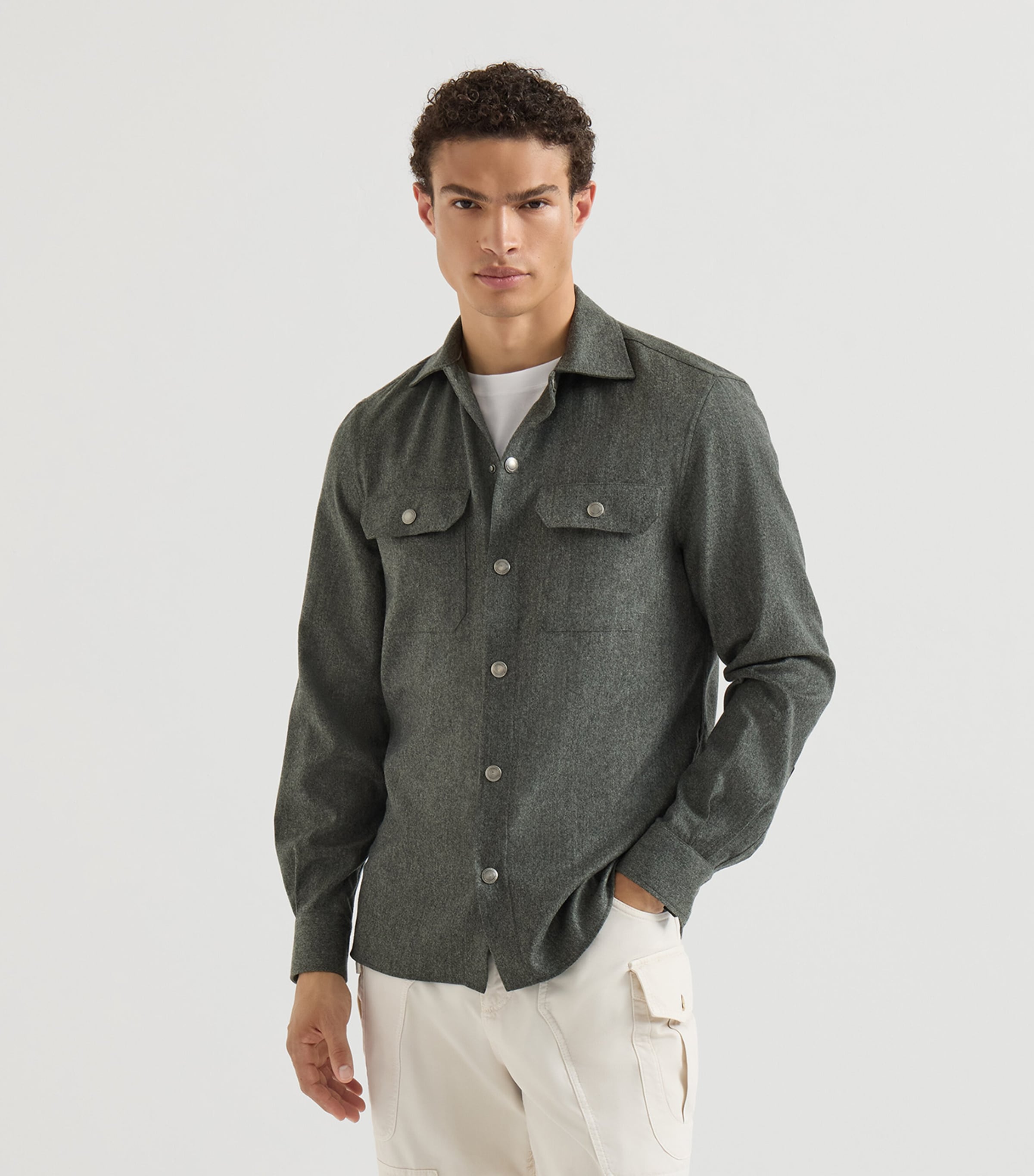 Brunello Cucinelli Mens Virgin Wool Flannel Overshirt Bosco Image 2