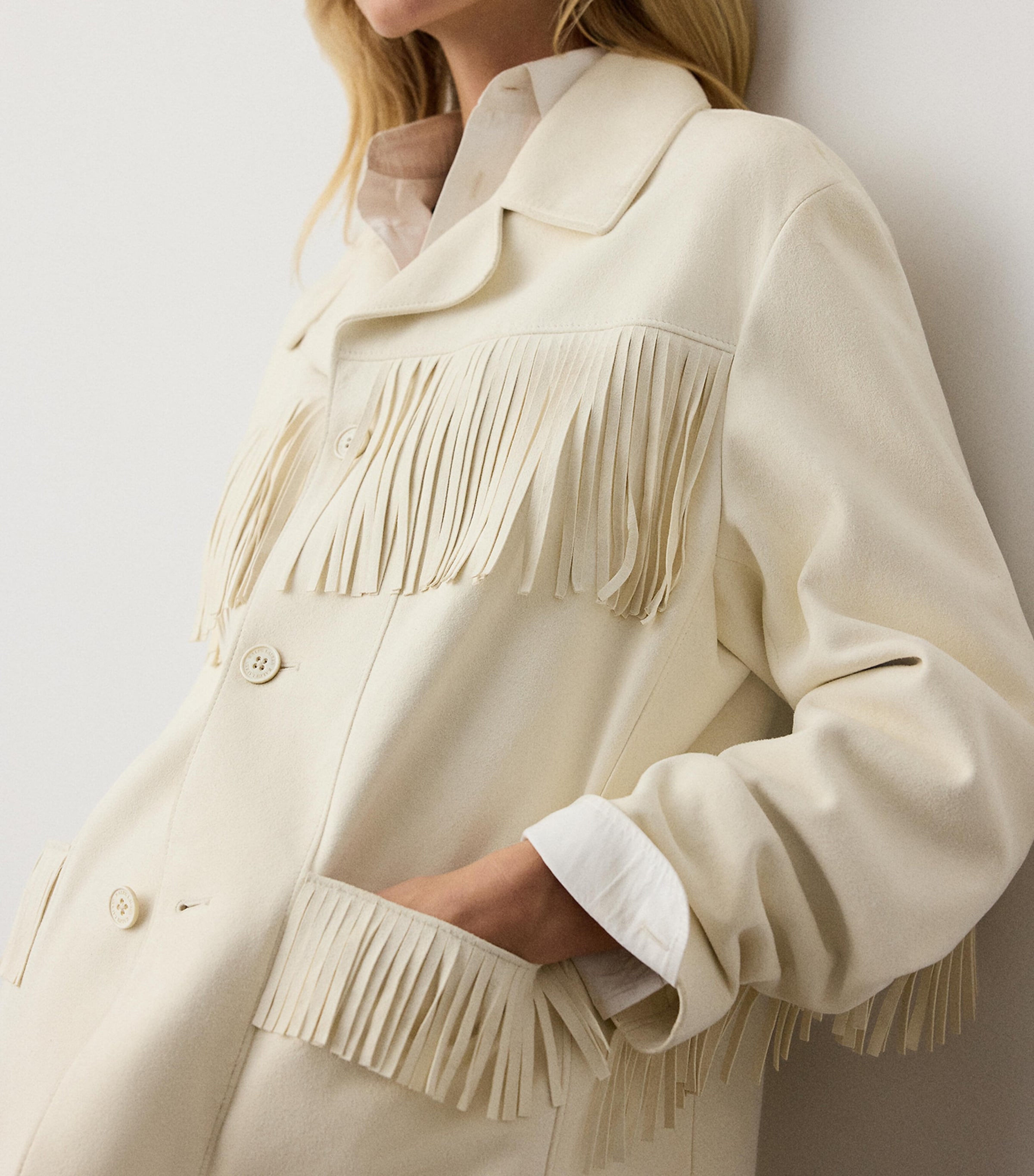 Ralph Lauren Collection Womens Lamb Suede Fringe-Trim Perce Jacket Cream Image 6