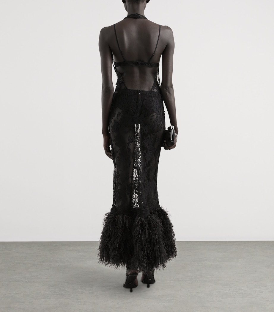 Cotton-Blend Lace Feather-Trim Maxi Dress N0000-BLACK Image 3