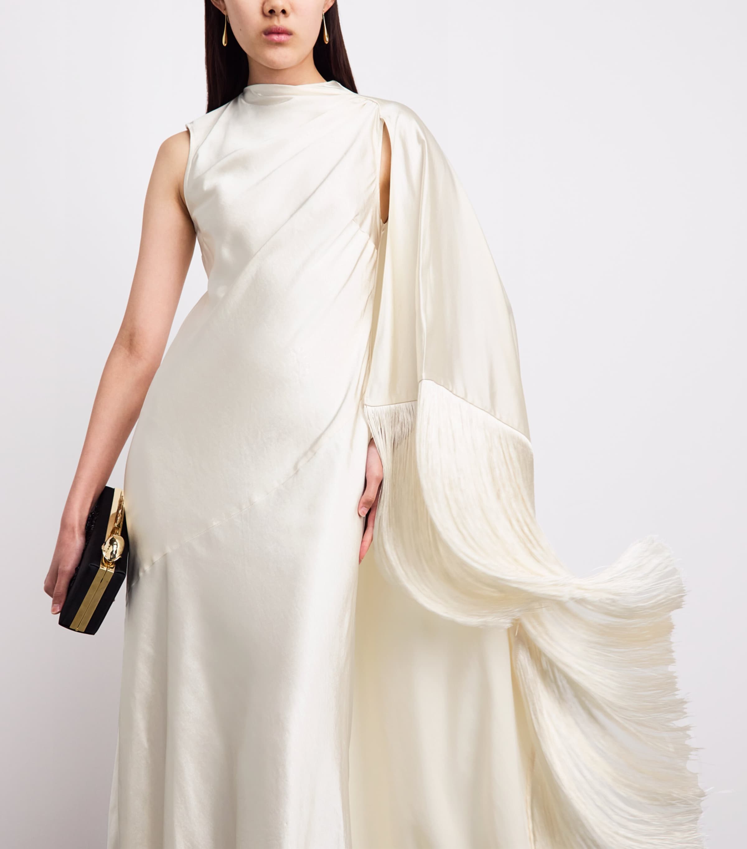 Self-Portrait Womens Satin Fringe Maxi Dress Cream Image 3
