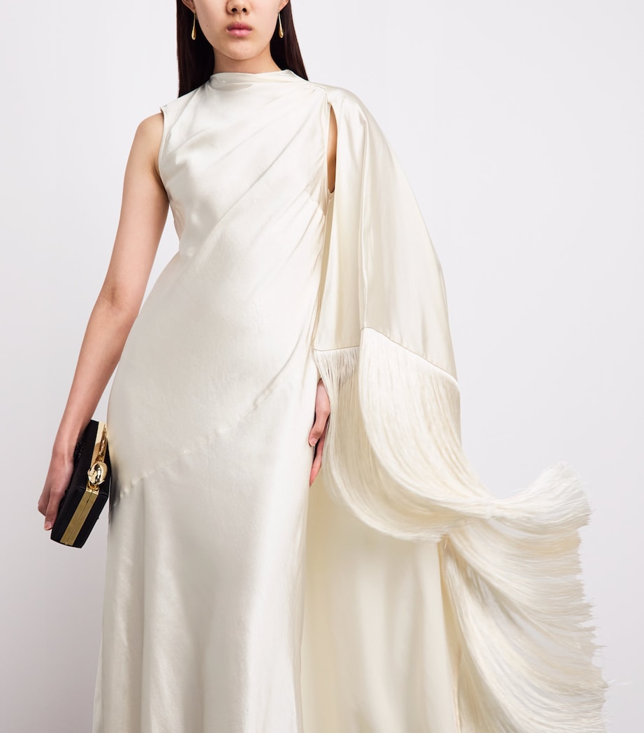 Self-Portrait Womens Satin Fringe Maxi Dress Cream Image 3