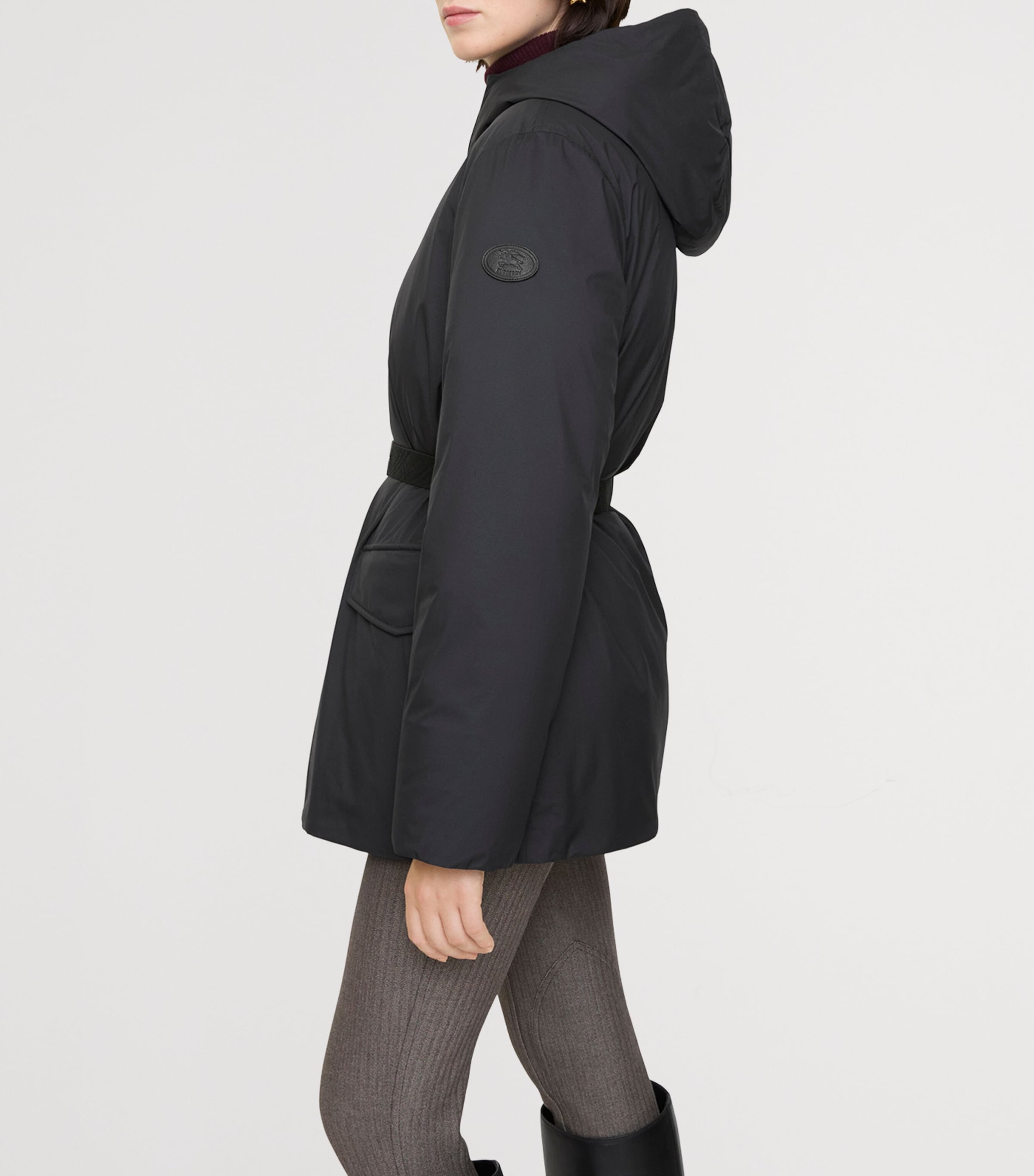 Down Short Hooded Nylon Coat BLACK Image 3