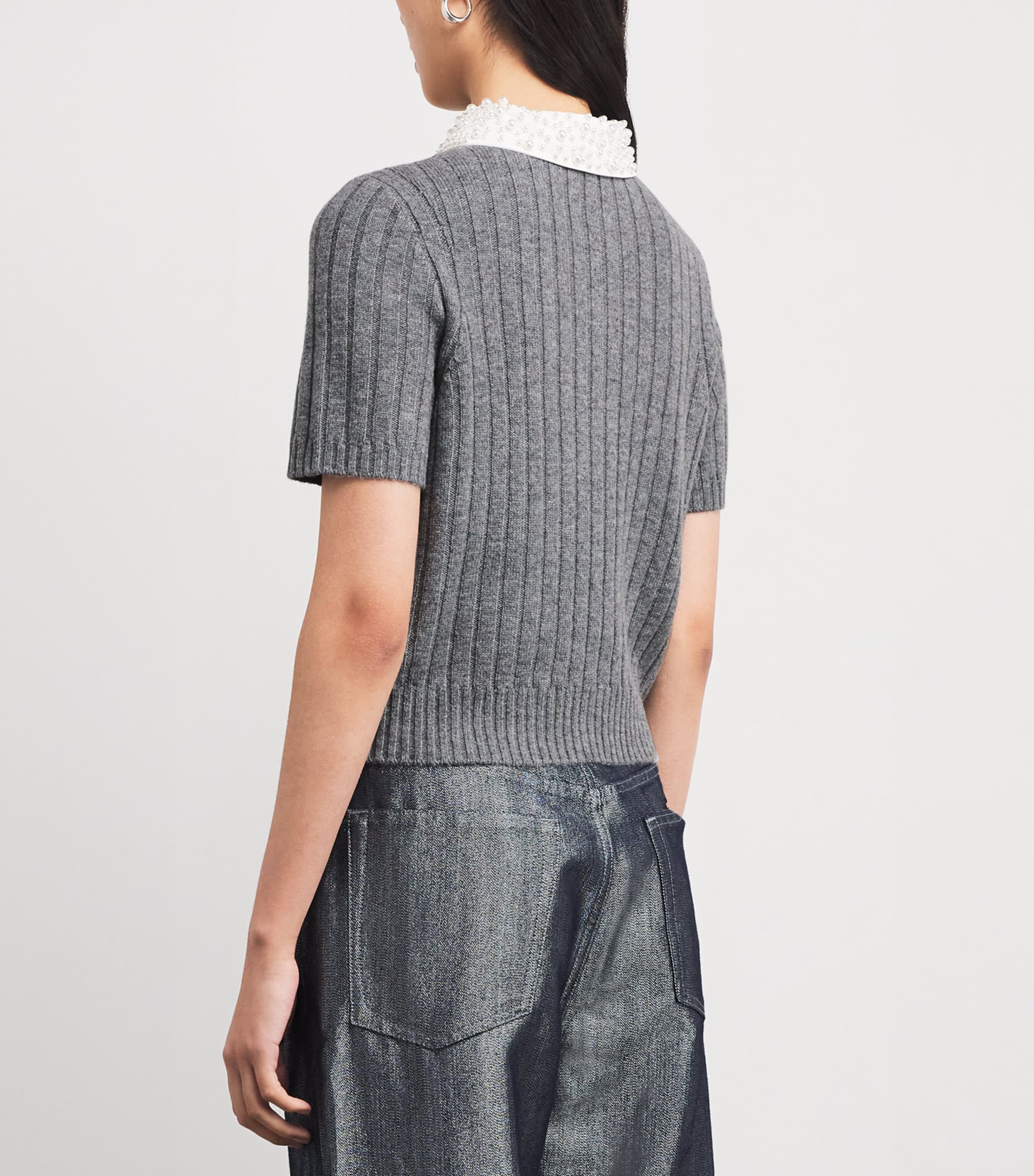 Maje Womens Wool-Blend Beaded-Collar Polo Sweater Grey Image 4