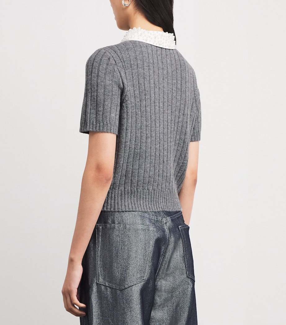 Maje Womens Wool-Blend Beaded-Collar Polo Sweater Grey Image 4