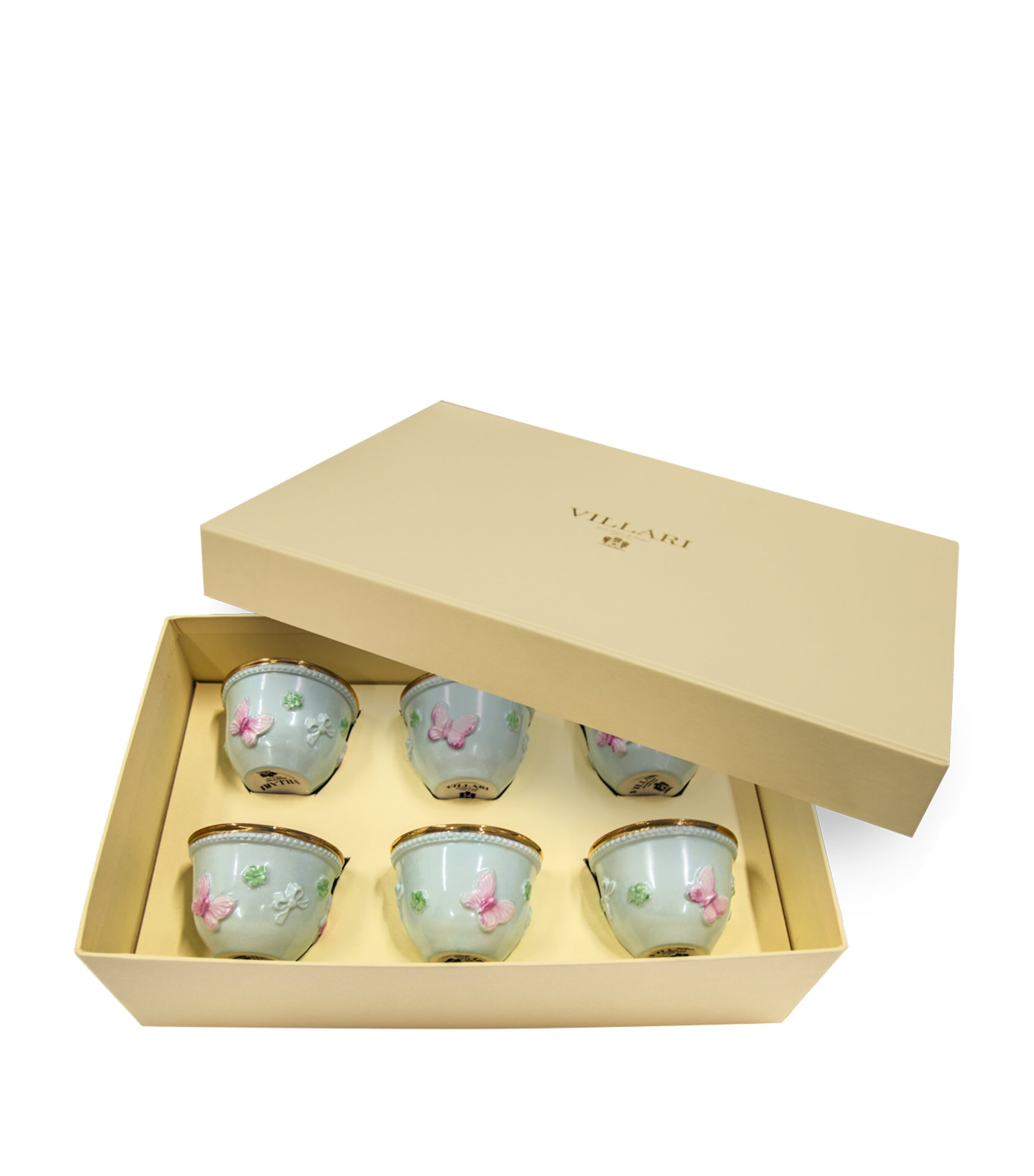VILLARI Porcelain Butterfly Arabic Coffee Cups (Set of 6) Aquamarine Pink Gld Image 1