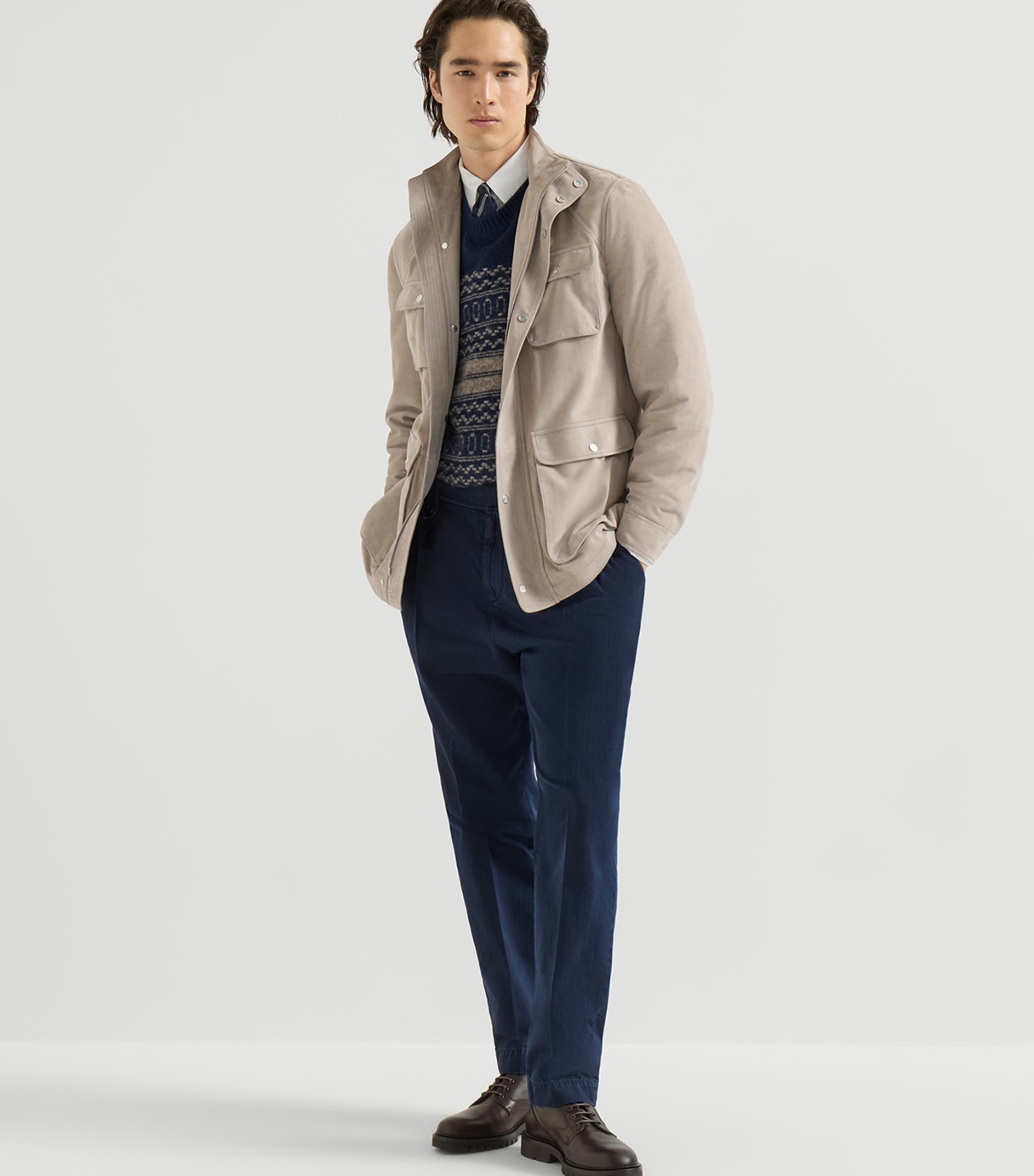 Brunello Cucinelli Mens Cotton Chevron Double-Pleated Trousers Image 3