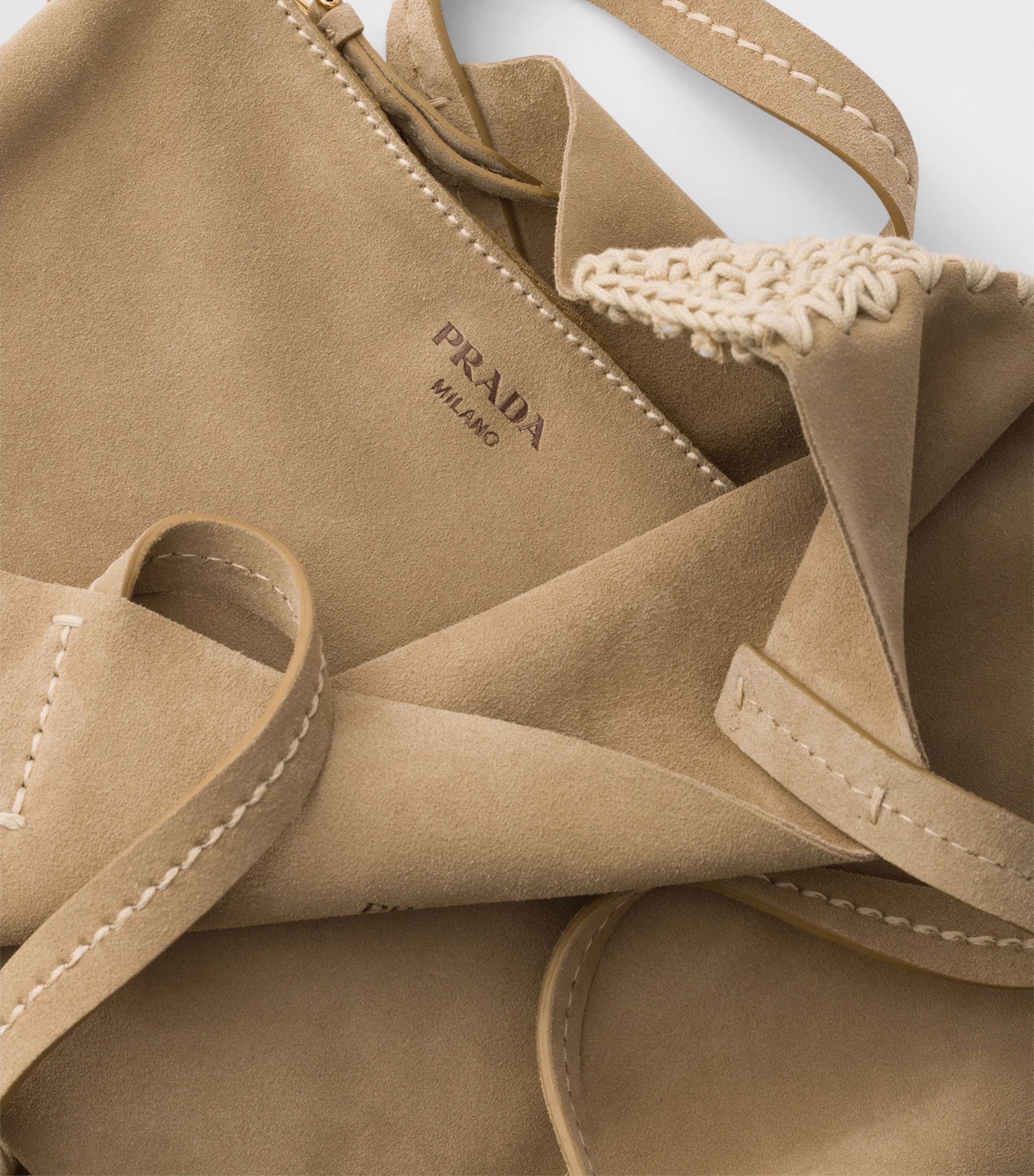 Prada Large Suede and Crochet Tote Bag Neutral Image 5