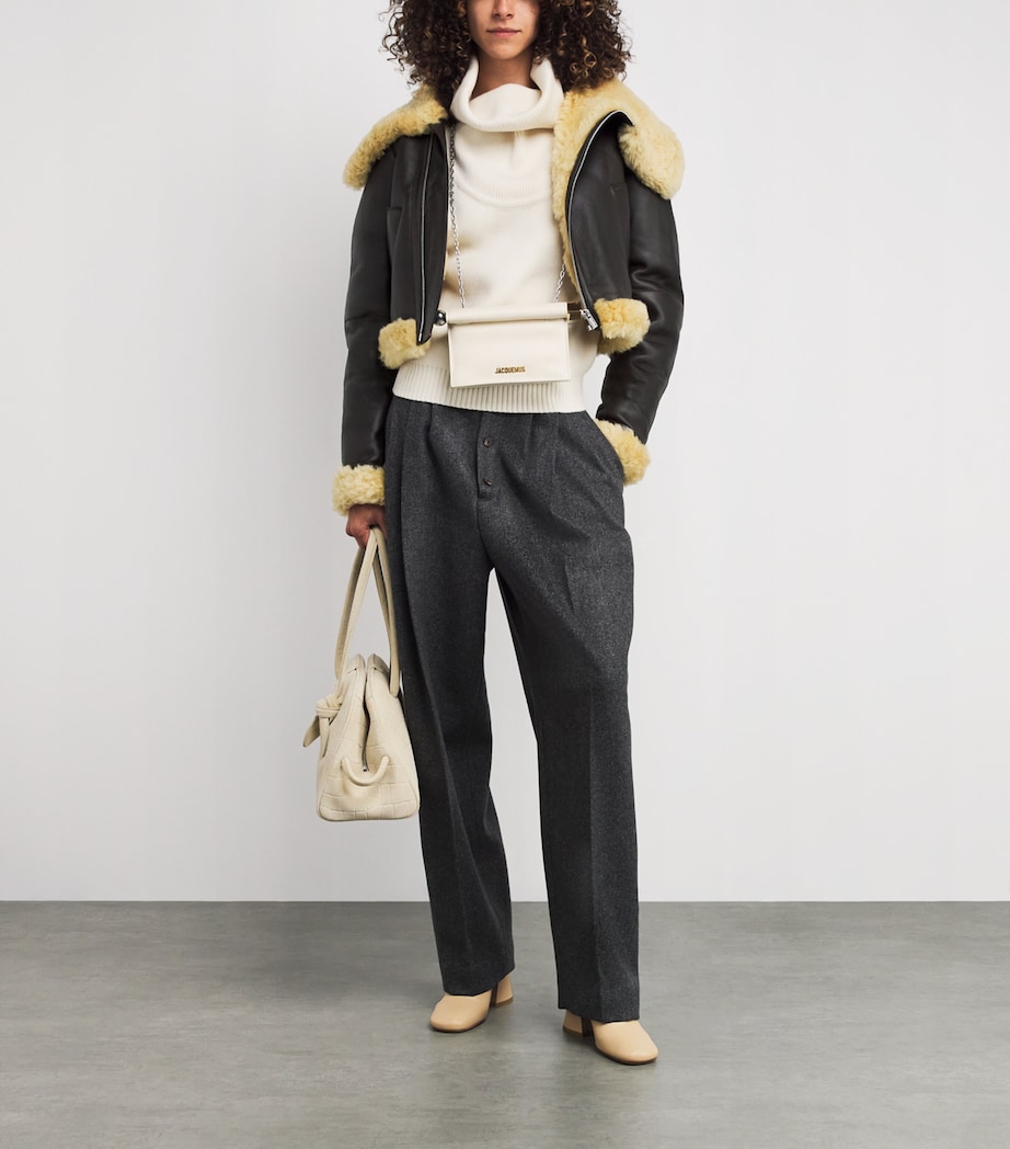 Shearling-Trim Aviator Leather Jacket 880 DARK BROWN Image 2