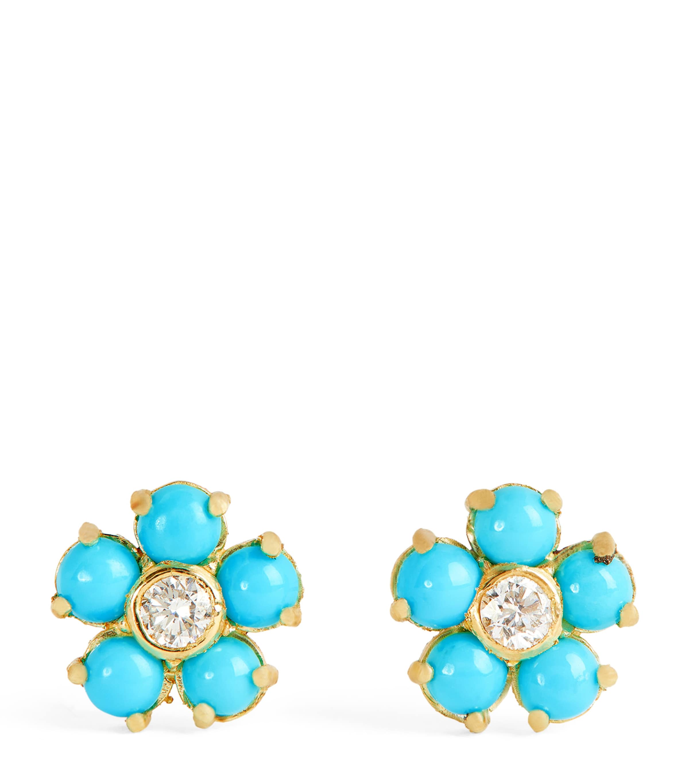 Jennifer Meyer Yellow Gold, Diamond and Turquoise Flower Stud Earrings Yellow Gold Image 1