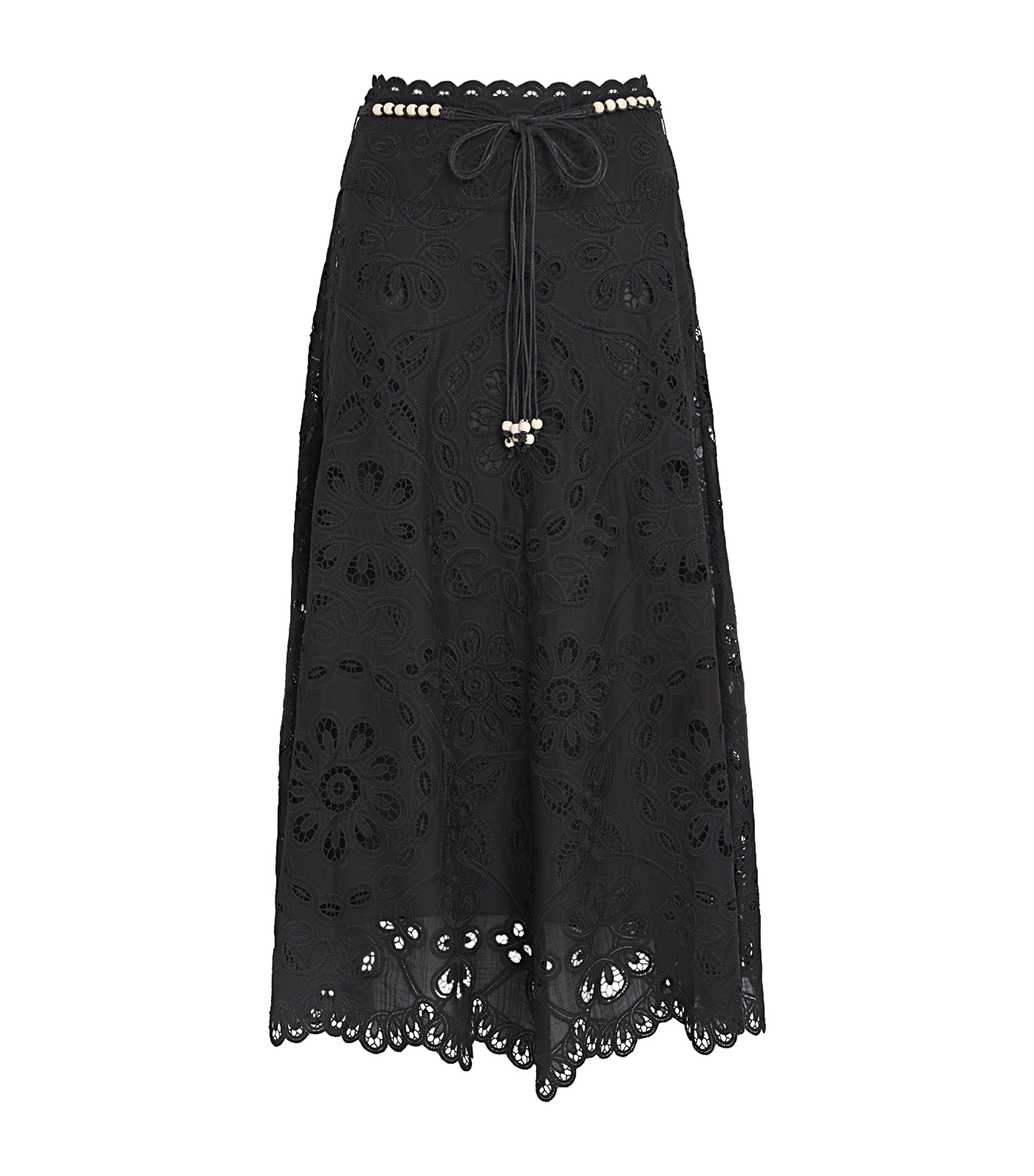 Zimmermann Zim Rhiannon Embroidered Scallop Hem Wblt Midi Skirt Black In Black