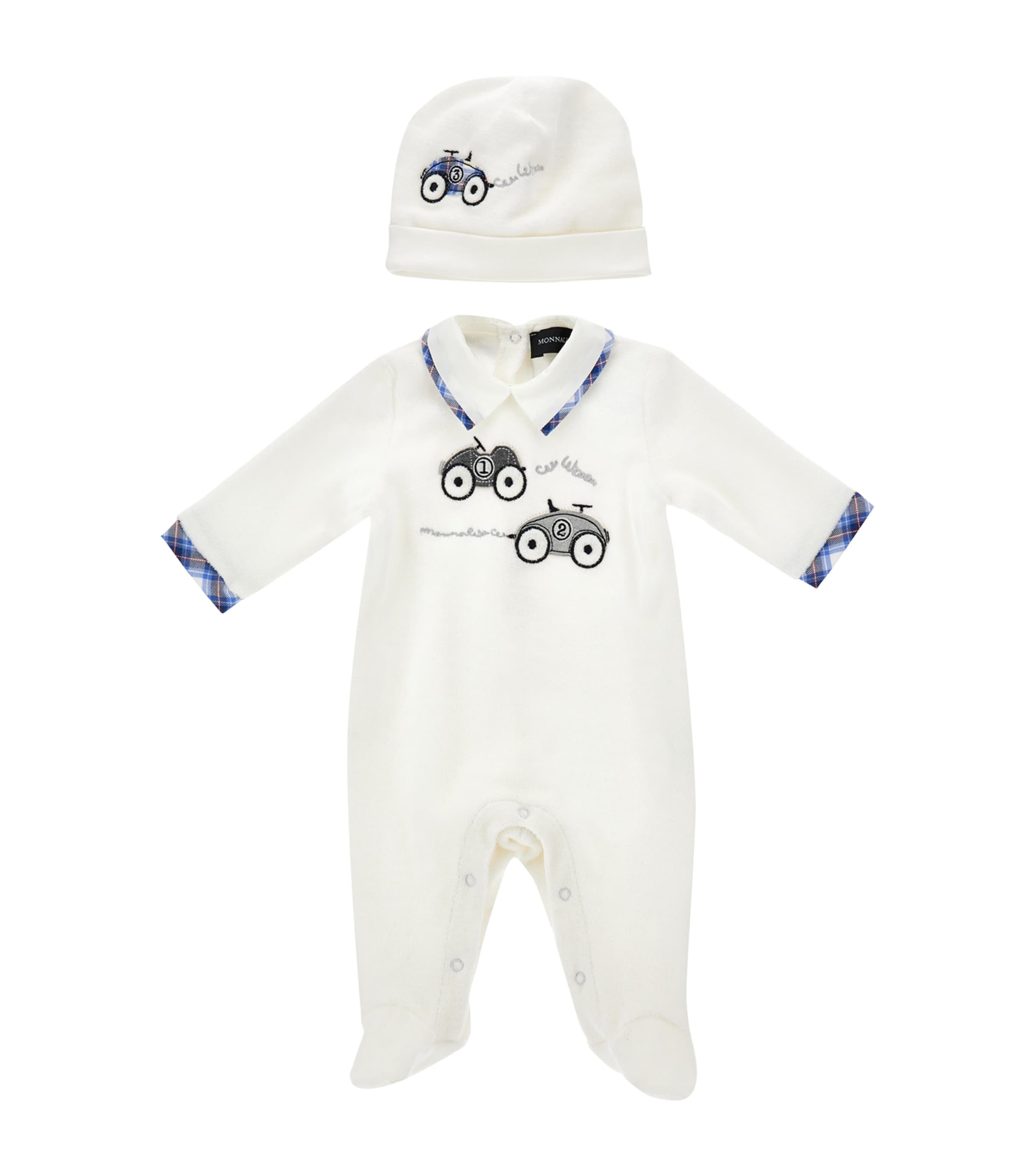 Monnalisa Embroidered Car All-in-one And Hat Set In Yellow