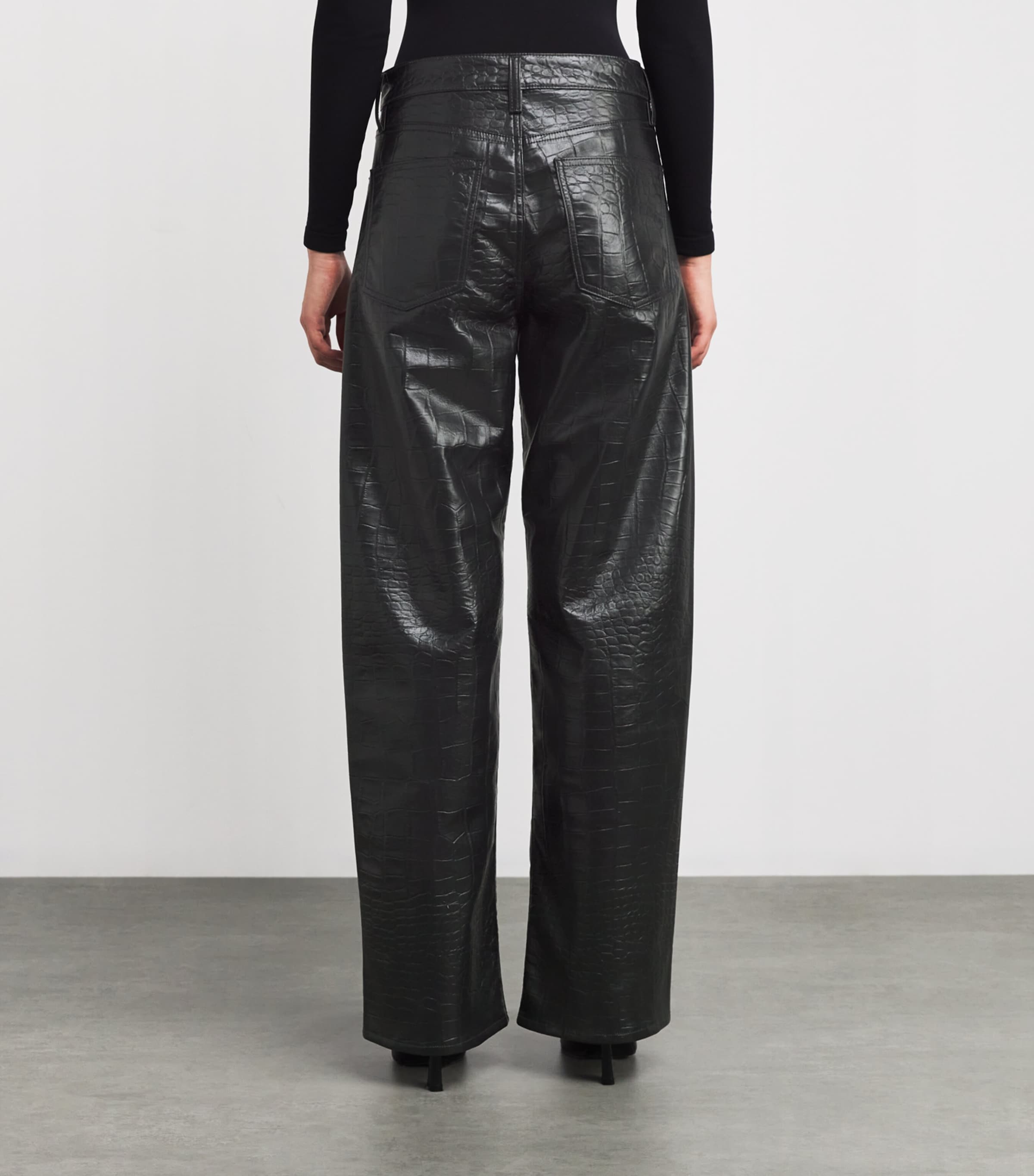 Leather Croc-Embossed Arc Wide-Leg Jeans CROC TEXTURED BLK Image 4