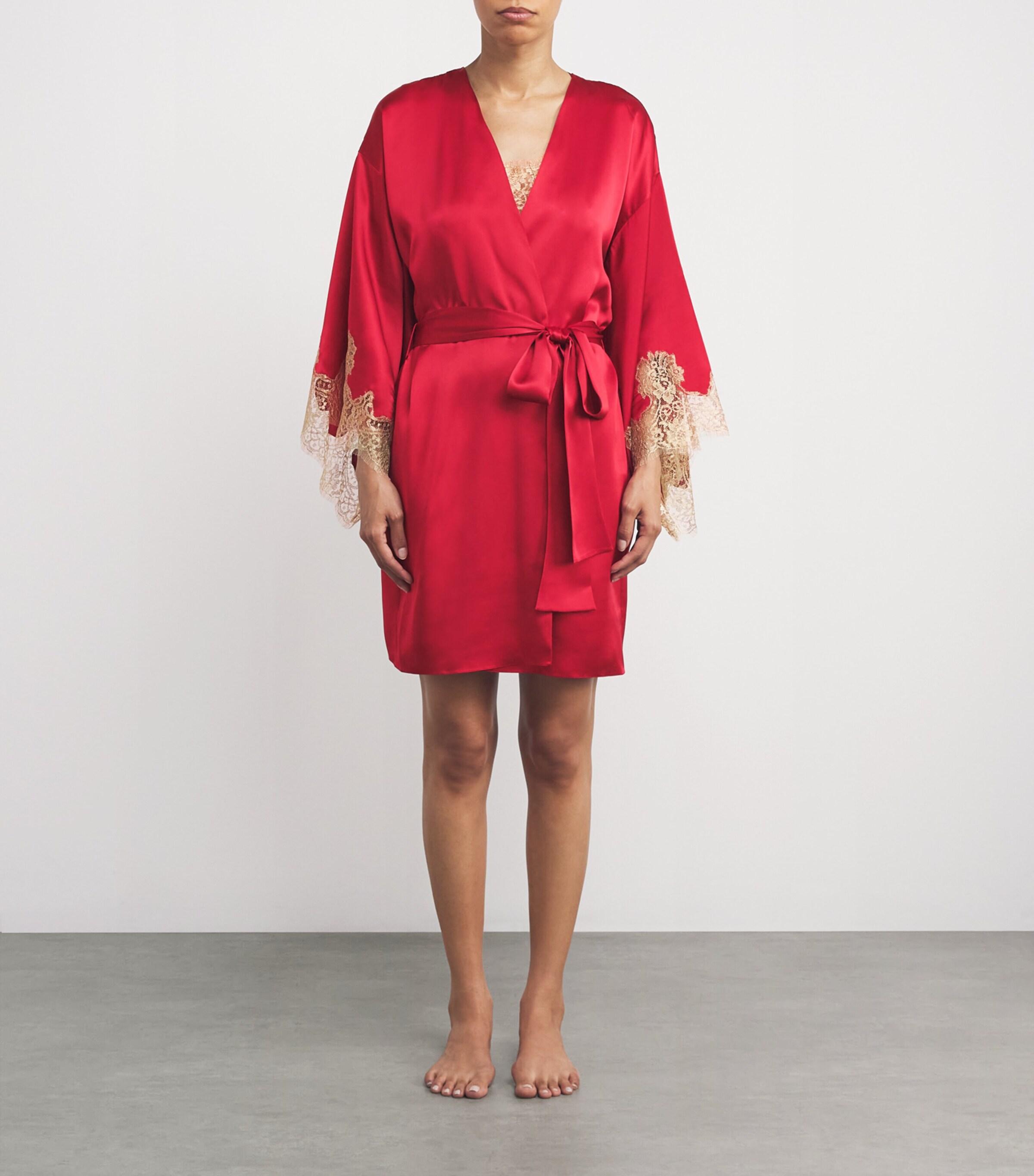 Gilda & Pearl Red Silk Lace-Trim Short Robe | Harrods US
