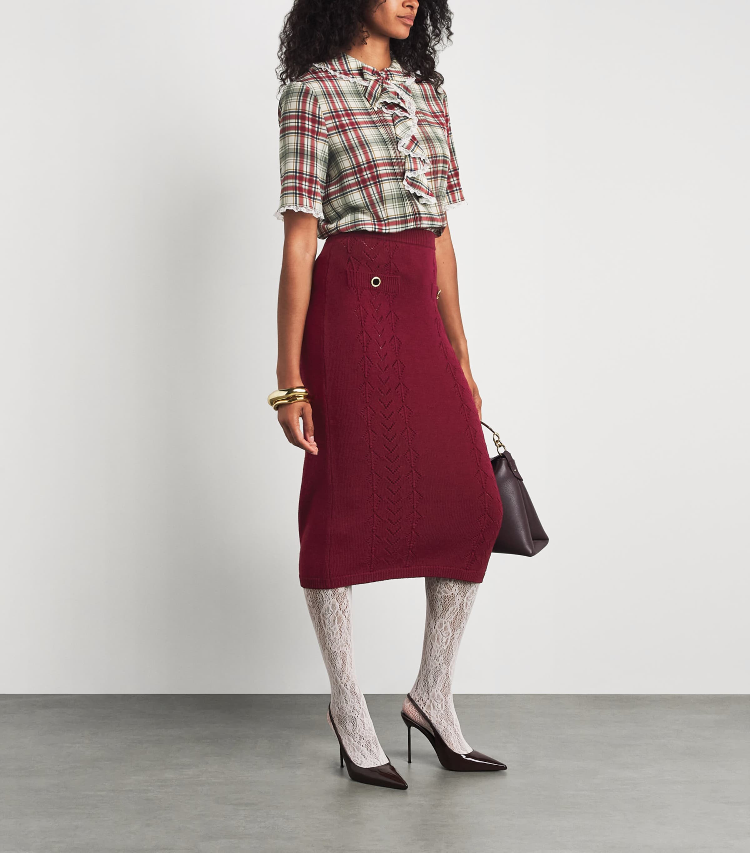 Alessandra Rich Womens Merino Wool Lace-Knit Midi Skirt Bordeaux Image 2