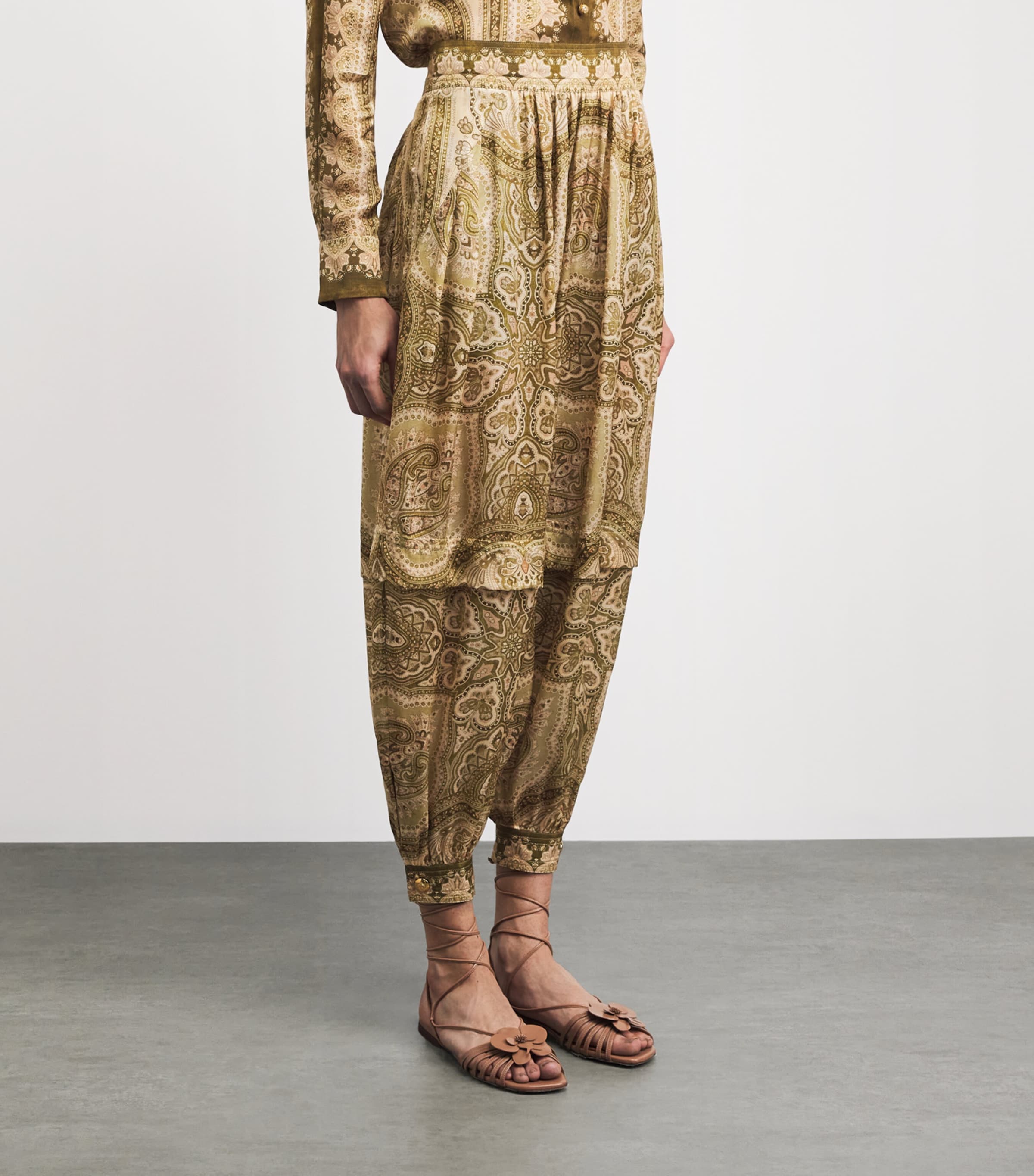 Zimmermann Womens Silk Satin Luna Trousers Olive Perla Paisley Image 4