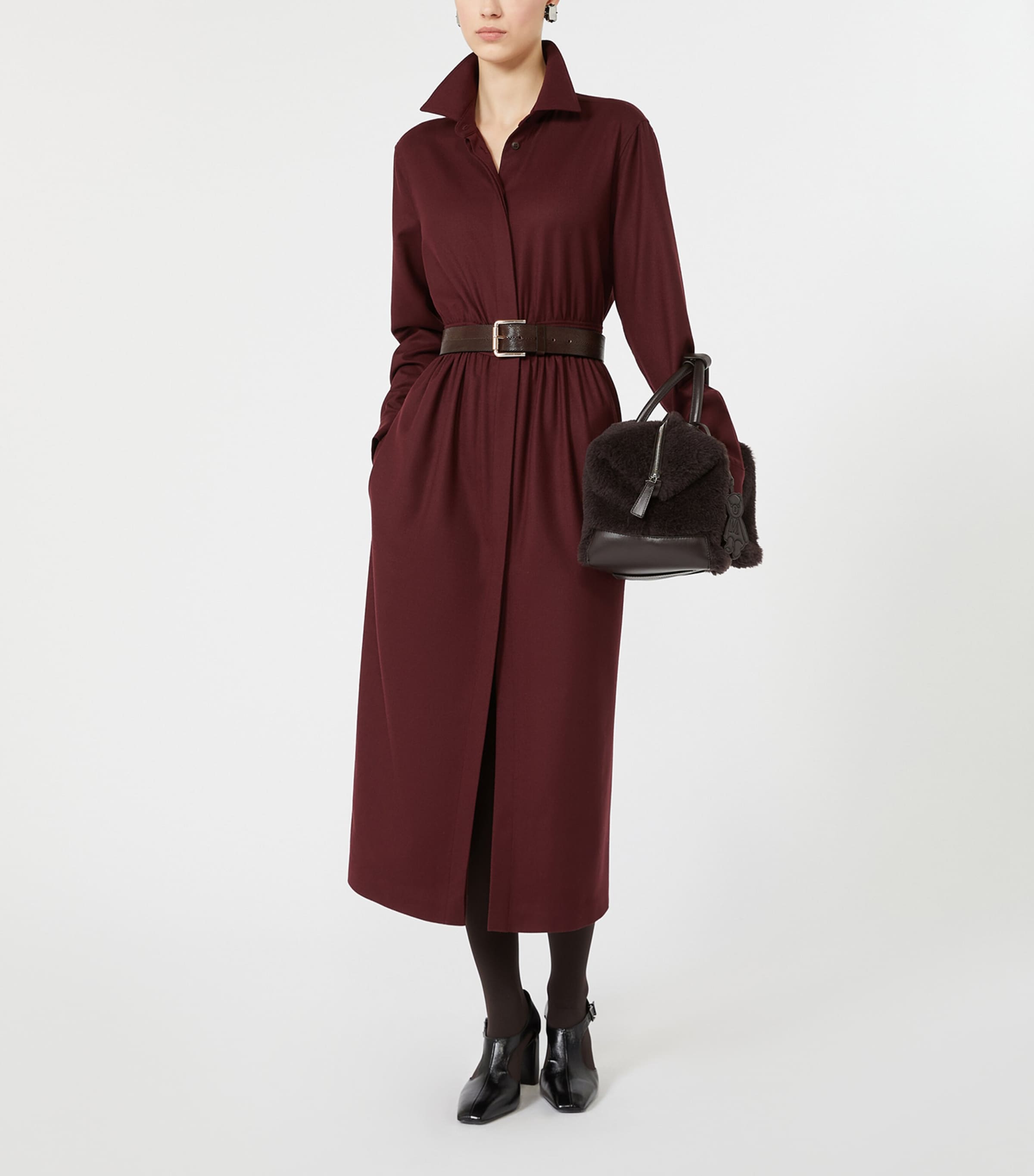 Max Mara Womens Stretch-Virgin Wool Belted Shirt Dress Wine Coloured Image 2