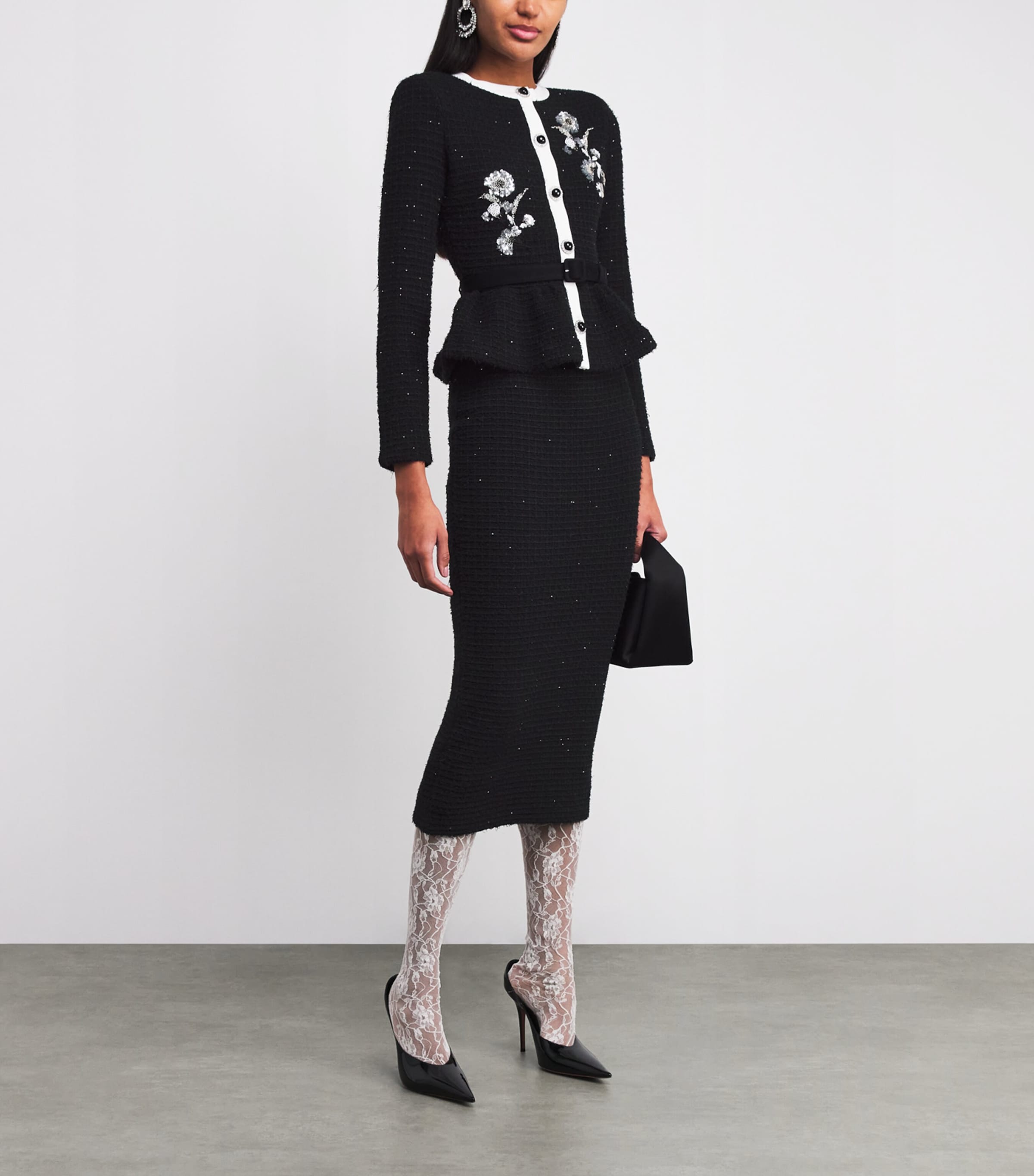 Textured Floral-Detail Midi Dress BLACK Image 2