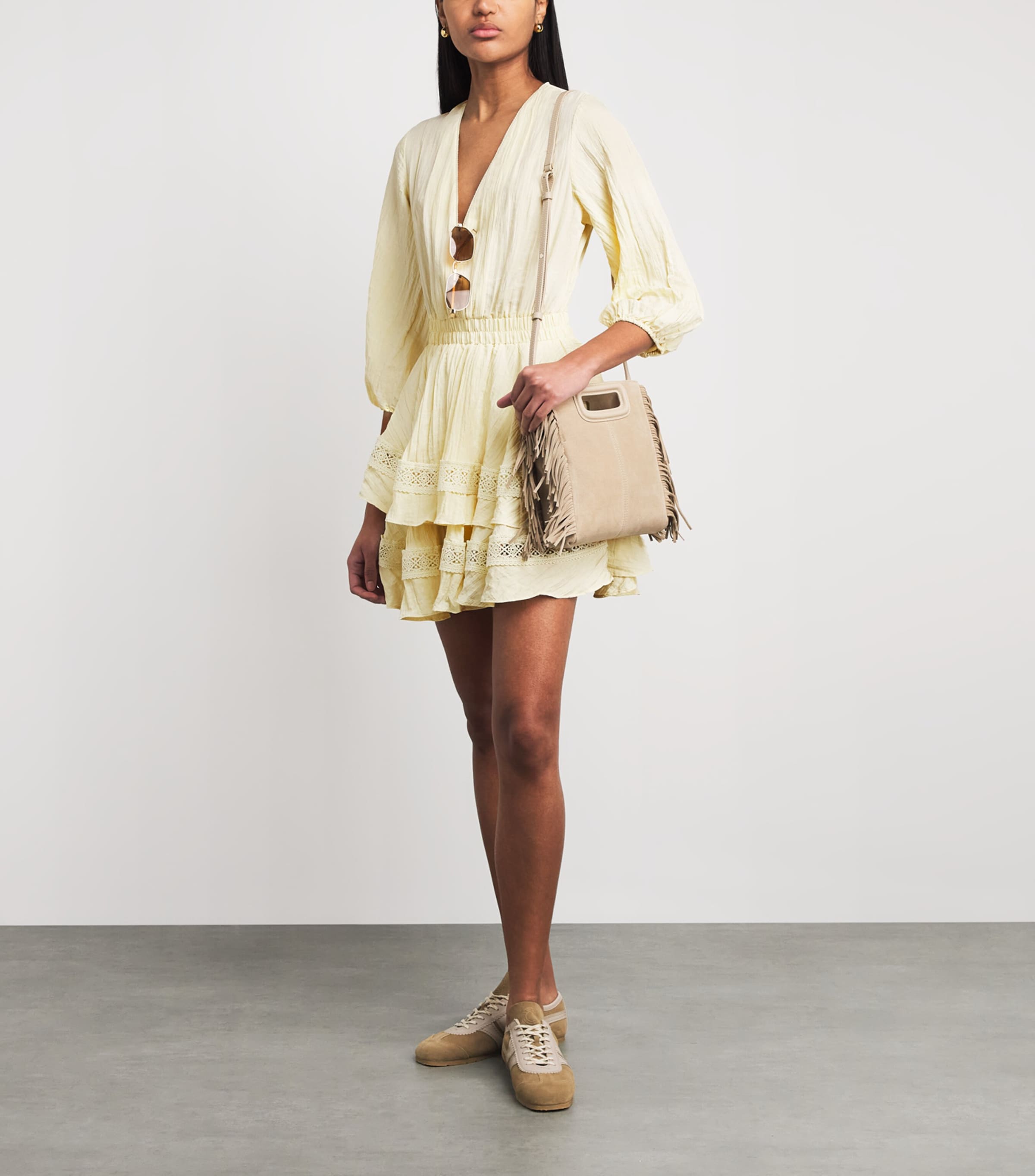 Maje Womens Lace-Trim Ruffled Mini Dress Pale Yellow Image 2