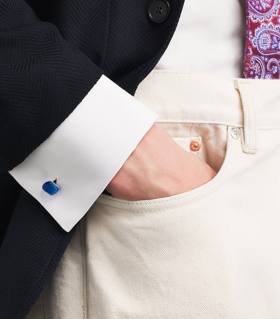 Babette Wasserman Rhodium-Plated Catseye Twist Square Cufflinks Light Blue Image 2