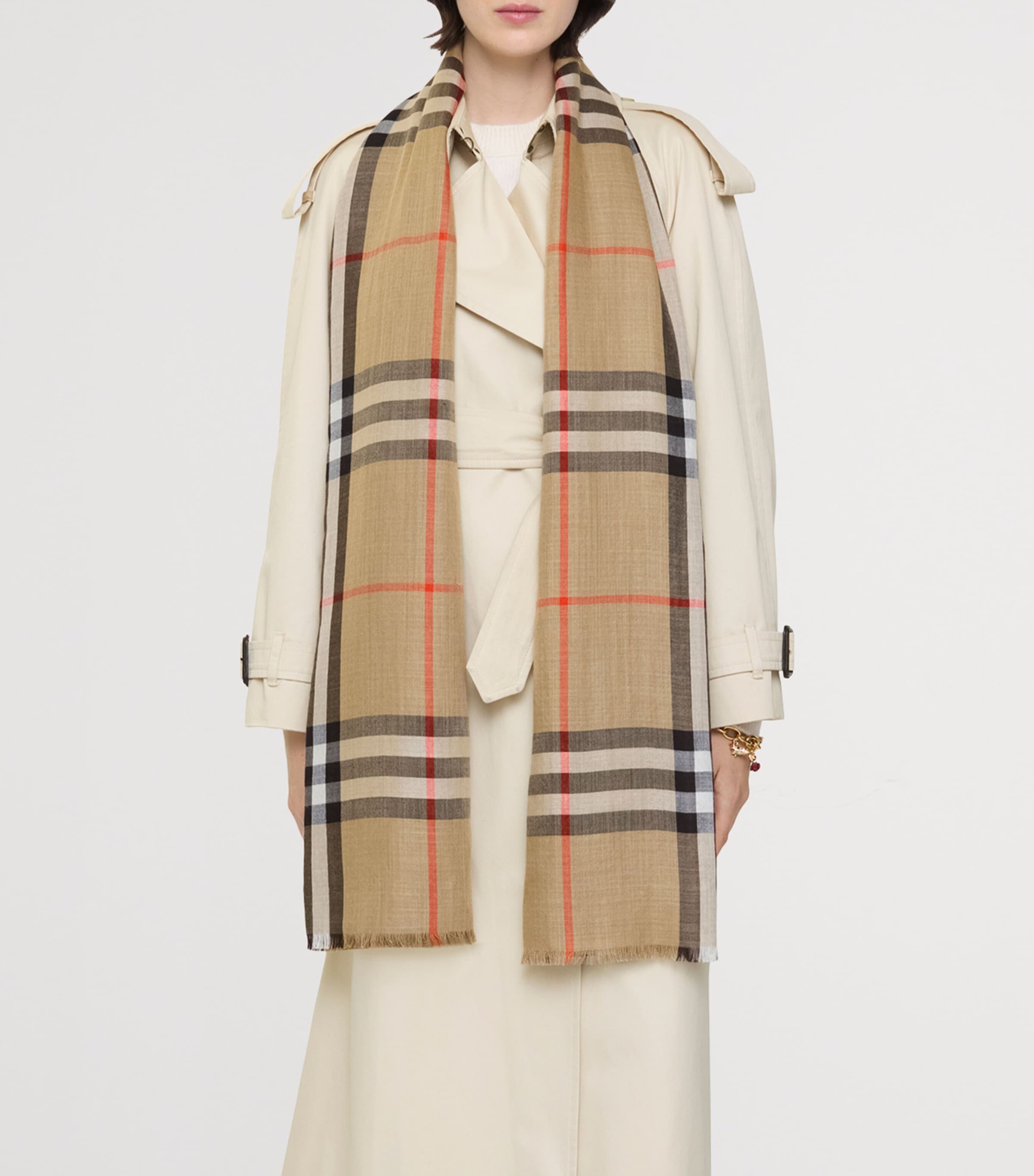 Wool-Silk Reversible Check Scarf SAND/VOLE BROWN Image 3