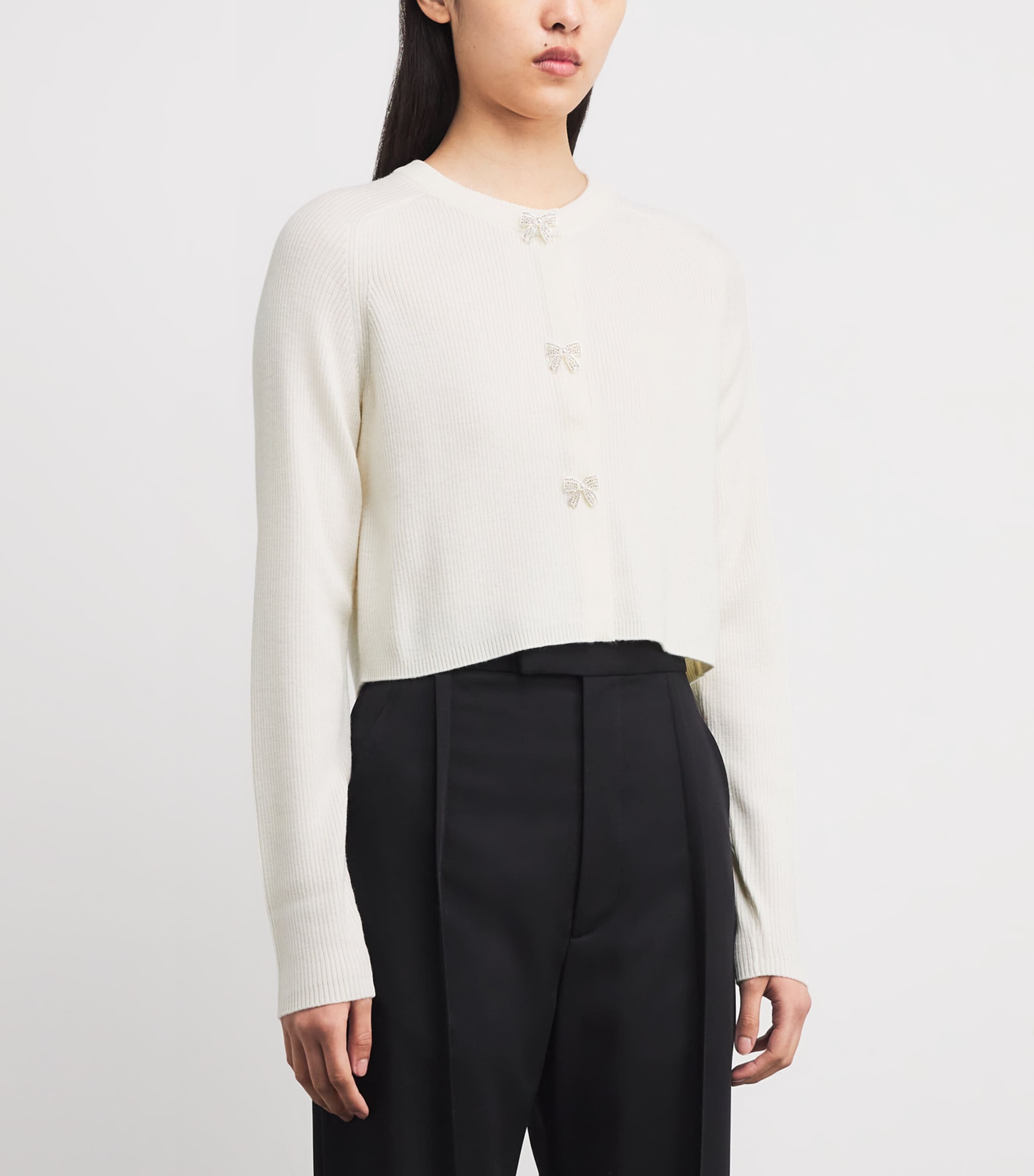 Wool Rib-Knit Bow Cardigan ECRU Image 3