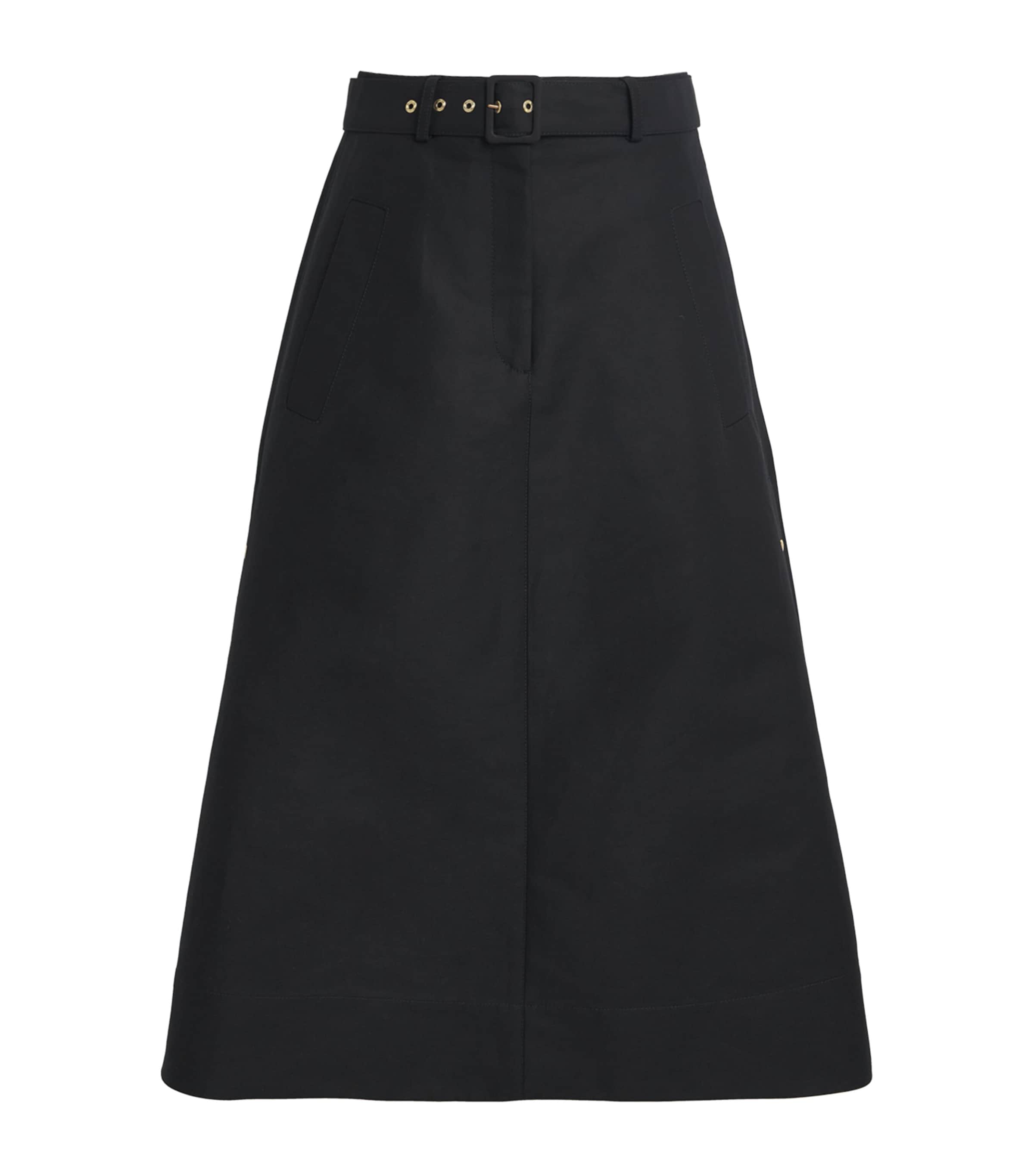 Moncler Belted Cotton-poplin Midi Skirt In Black