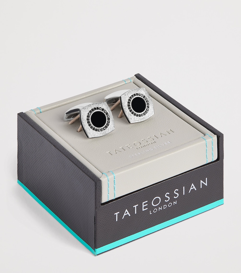 Tateossian Rhodium-Plated Graffiato Rounded Square Cufflinks Black Image 3