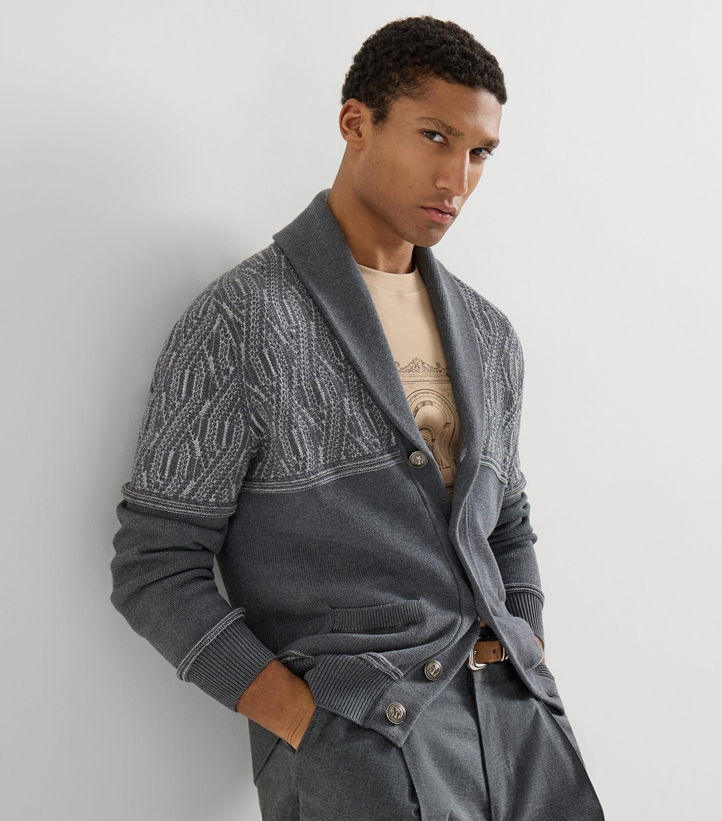 Brunello Cucinelli Mens Cotton Jacquard Shawl Cardigan Image 3
