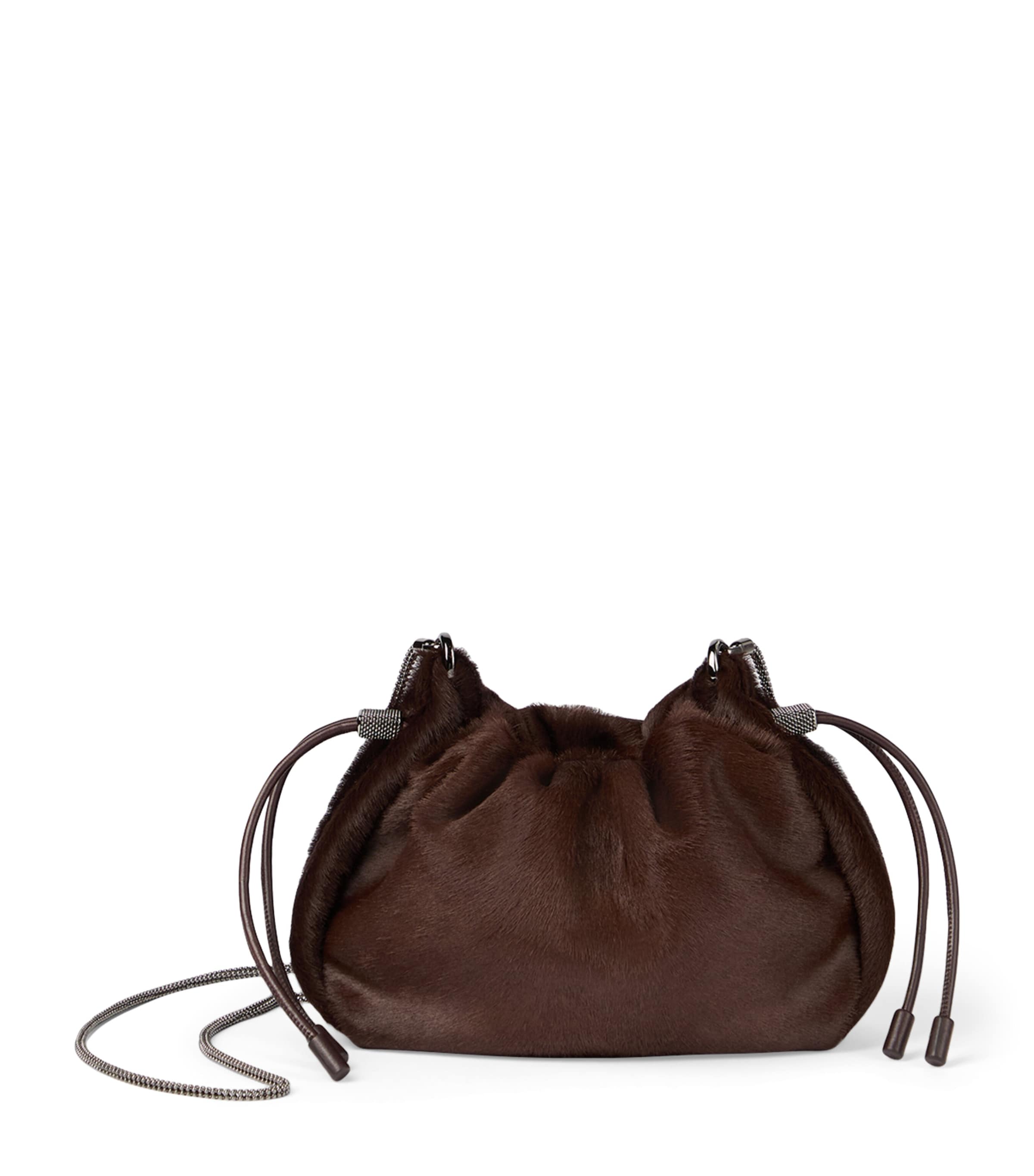 Brunello Cucinelli Mellow Mini Bucket In Calf Hair With Precious Chain Bags In Brown