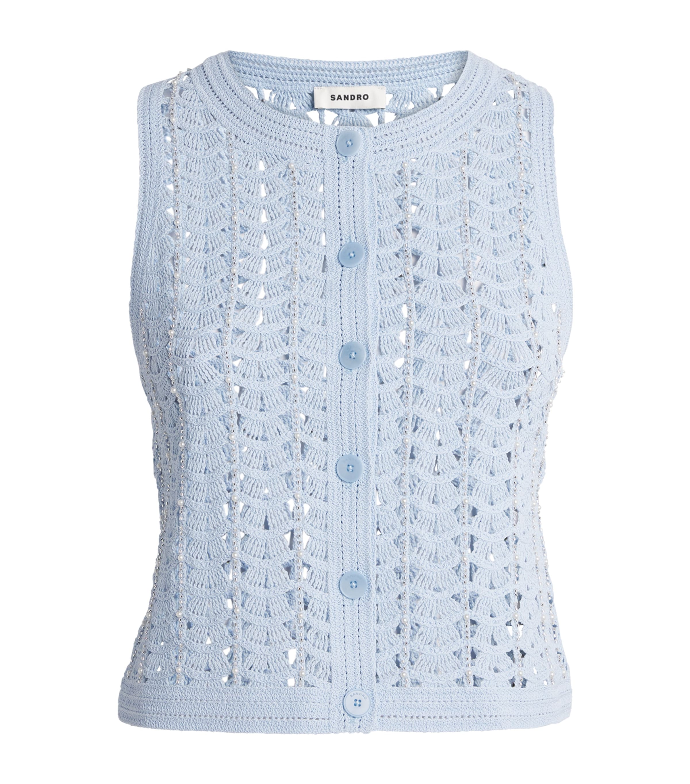Sandro Paris Womens Openwork Crochet Sleeveless Cardigan Sky Blue Image 1