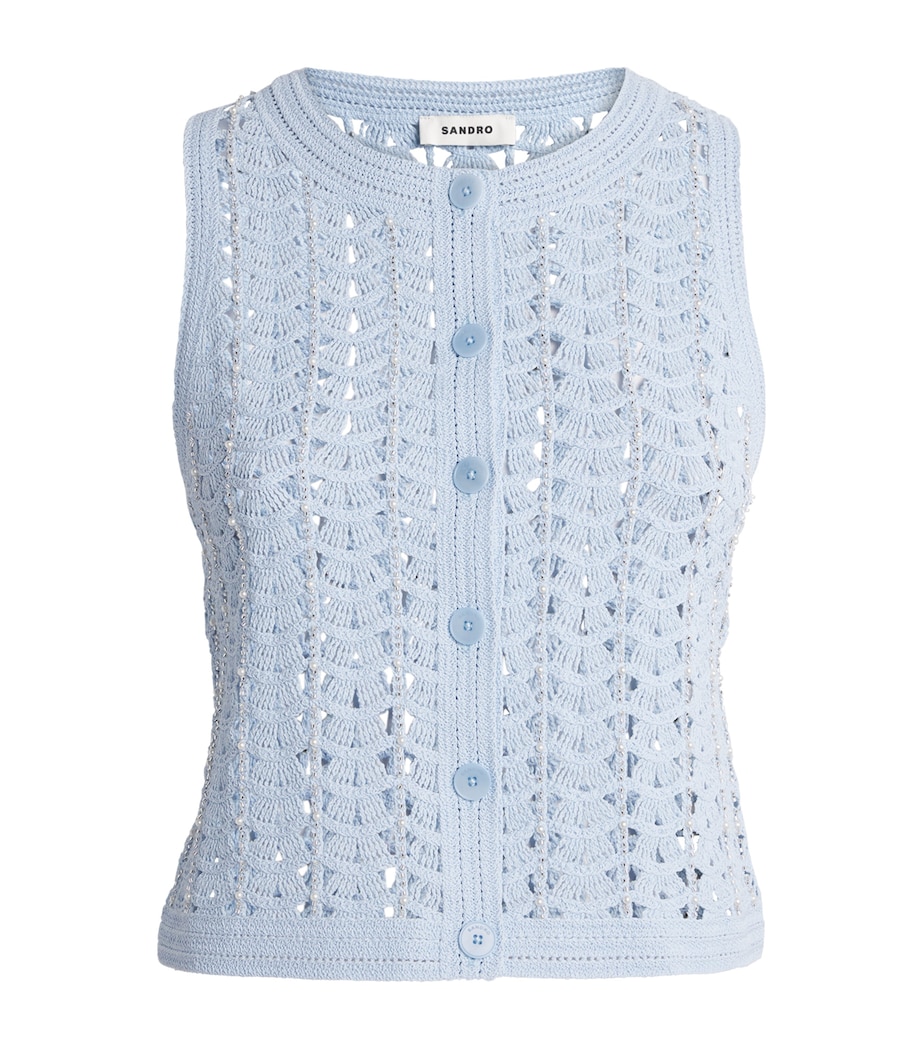 Sandro Paris Womens Openwork Crochet Sleeveless Cardigan Sky Blue Image 1