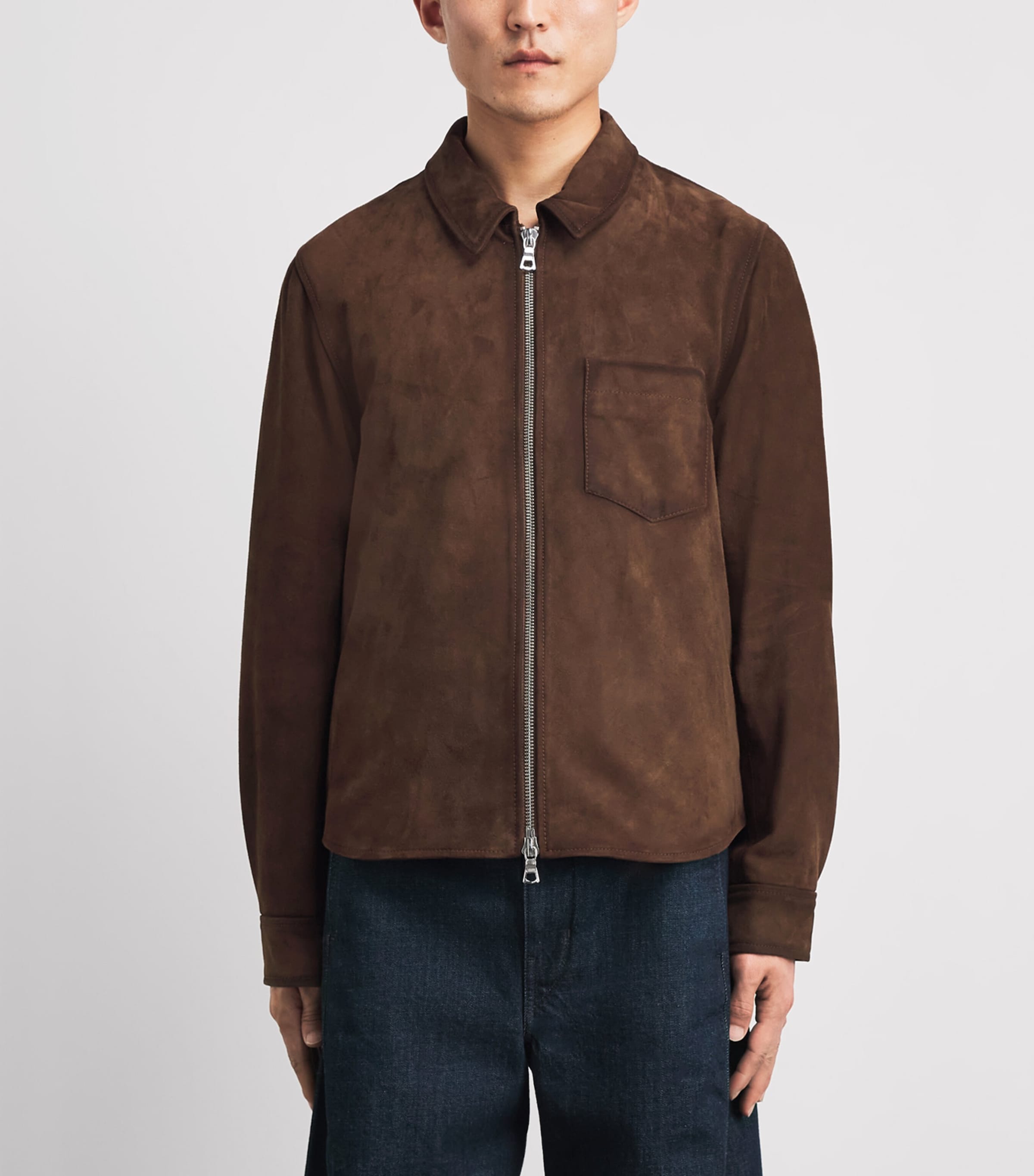 Officine Generale Mens Suede Zip-Up Overshirt Light Chocolate Image 4