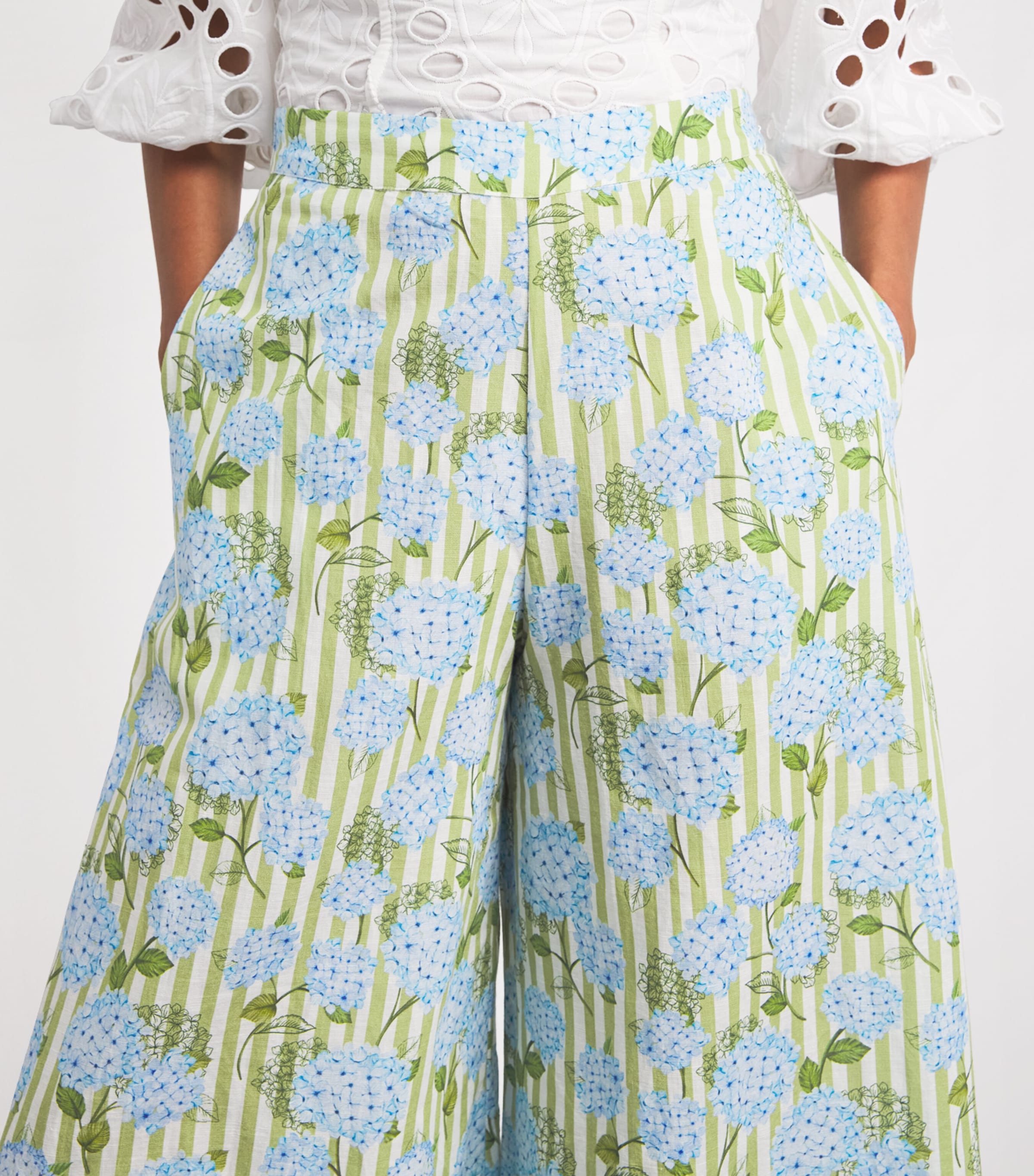 Verandah Womens Linen-Cotton Wide-Leg Hydrangea Trousers Iv & Grn Hydr Stripe Image 3