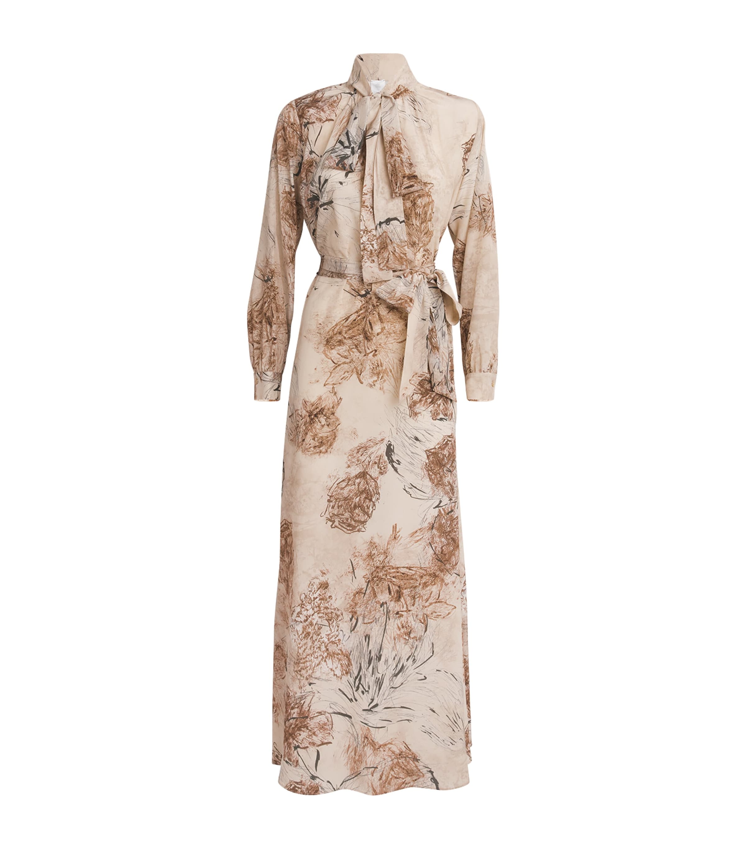 Eleventy Silk Printed Pussybow Maxi Dress In Neutral