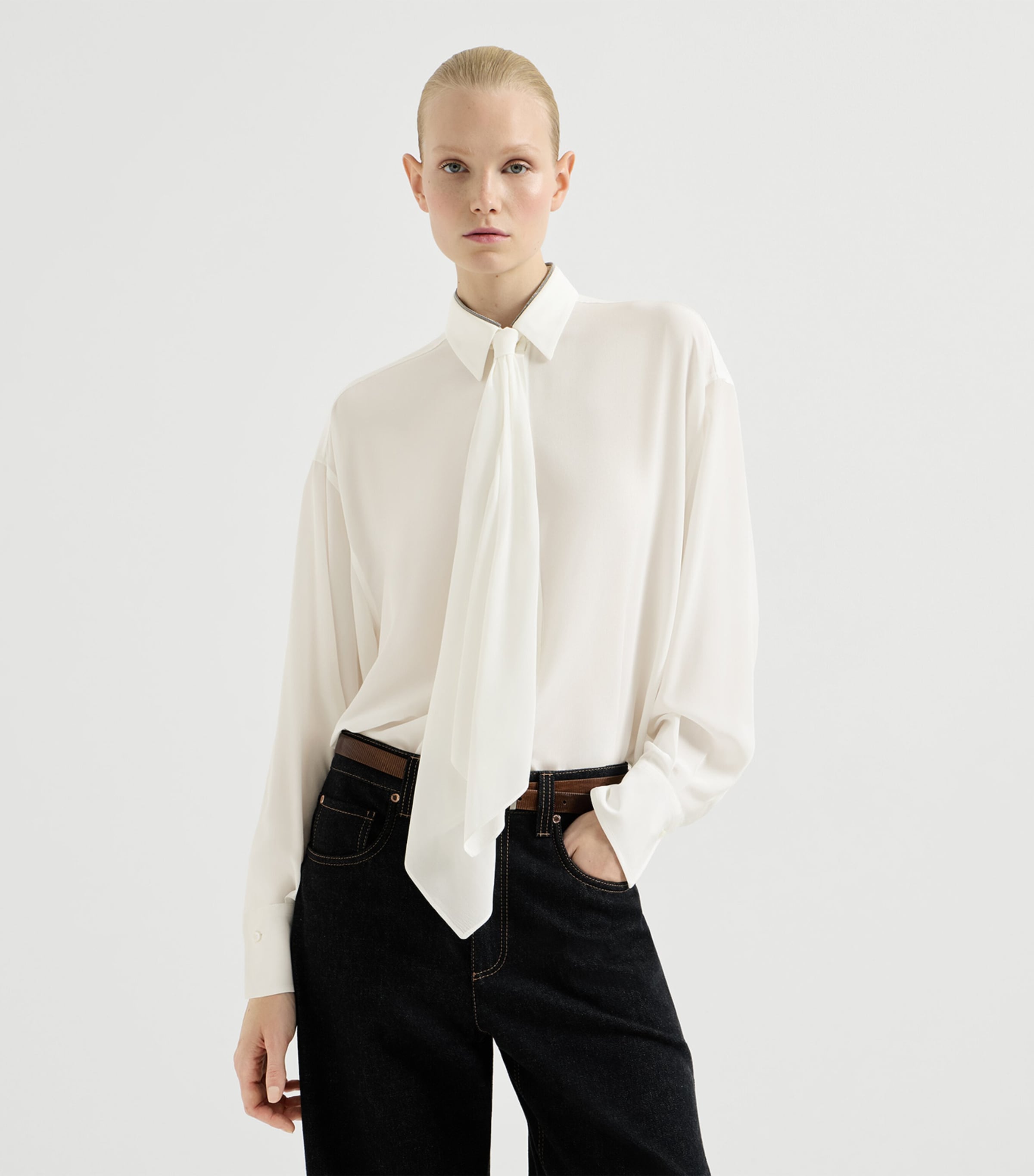 Brunello Cucinelli Womens Silk Tie-Detail Shirt Image 3
