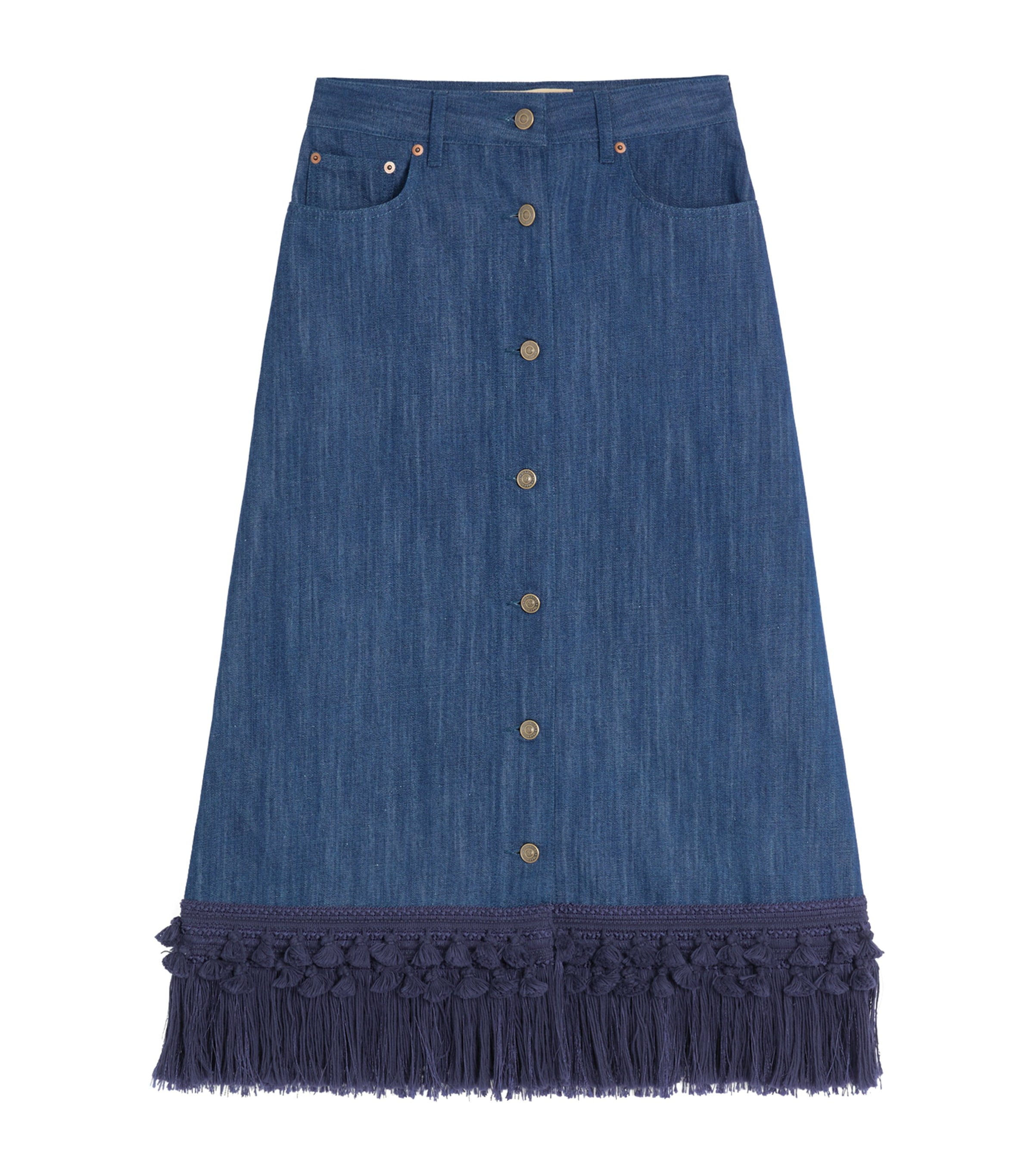 Valentino Tasseled Fringed Denim Midi Skirt In Blue