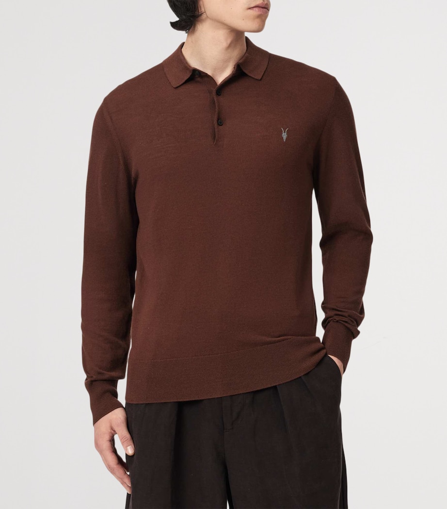 AllSaints Mens Merino Wool Mode Polo Shirt Hot Choc Brown Image 3