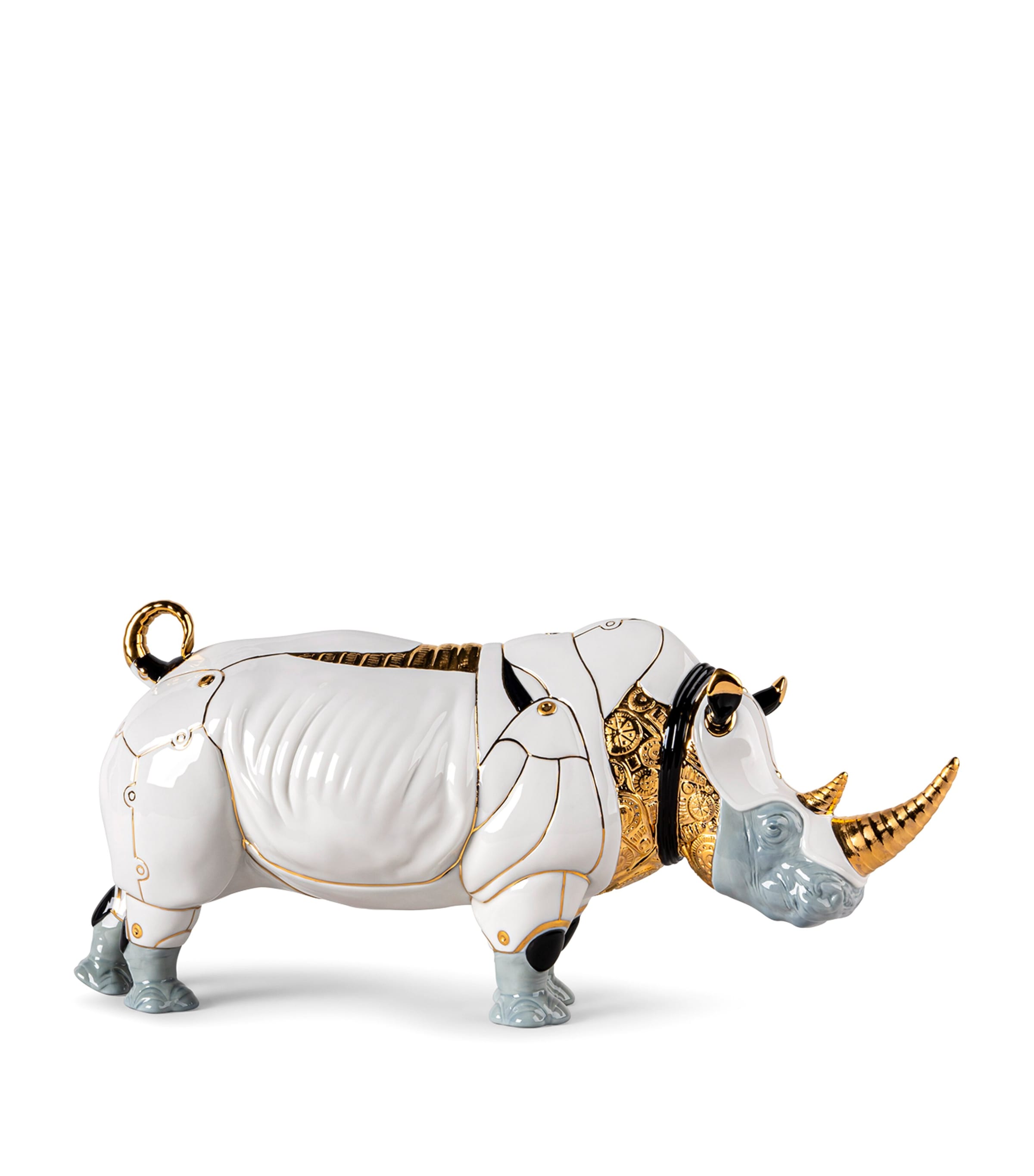 Lladró Cyborg Rhino Sculpture White, Grey & Gold Image 1