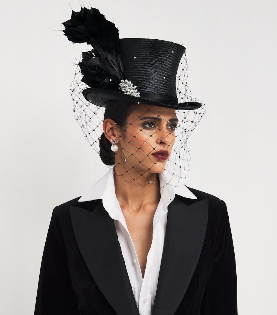 Feathered Veil Top Hat Fascinator BLACK Image 1