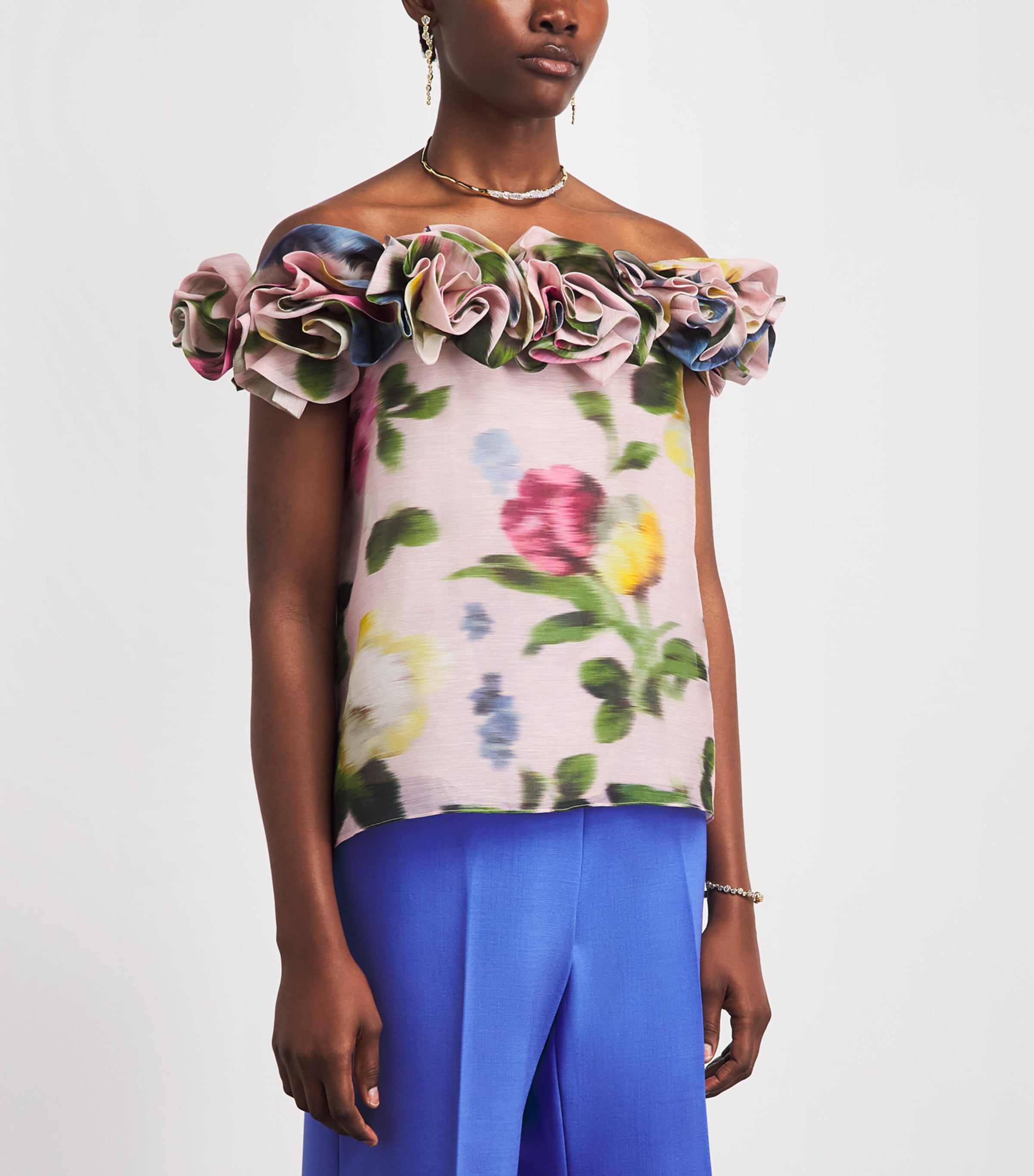 Carolina Herrera Womens Linen-Silk Floral Off-the-Shoulder Top Rosewater Multi Image 4