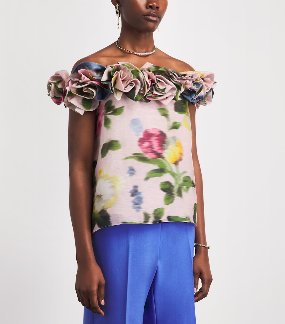 Carolina Herrera Womens Linen-Silk Floral Off-the-Shoulder Top Rosewater Multi Image 4