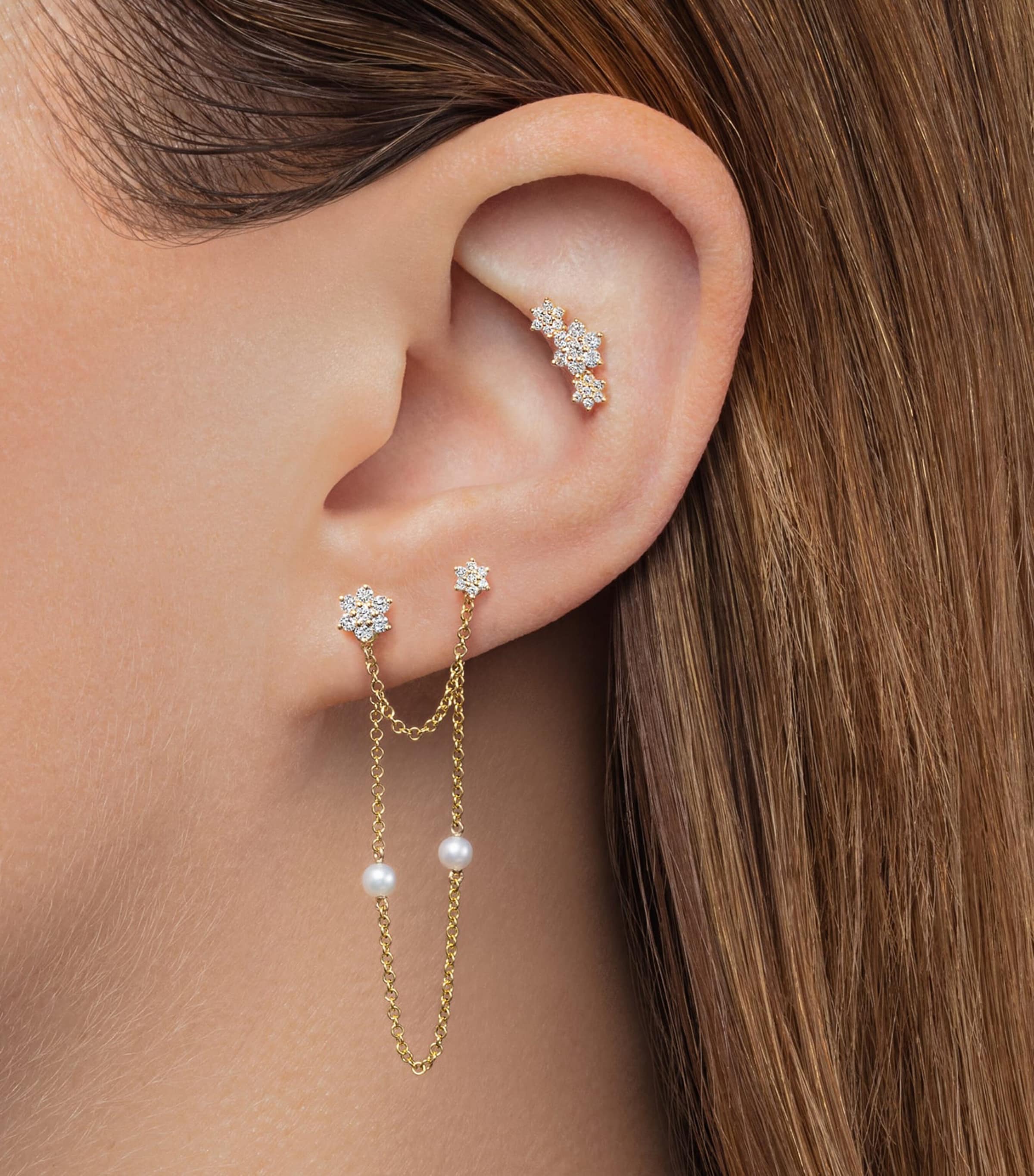 Yellow Gold Three Flower Garland Diamond Threaded Stud Earring YELLOW GOLD Image 2