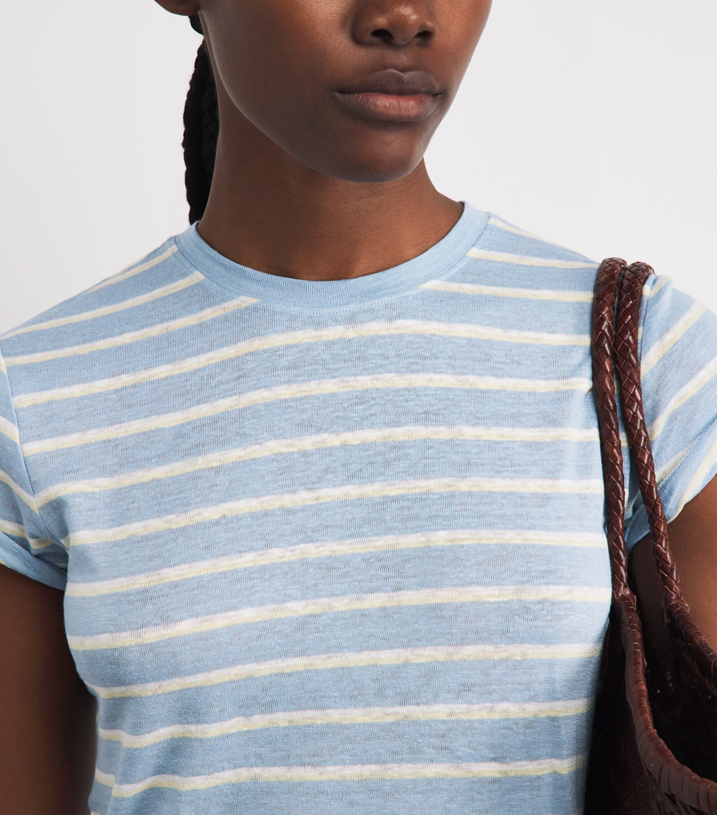 FRAME Womens Linen-Blend The Baby Tee Chambray Blue Multi Image 3