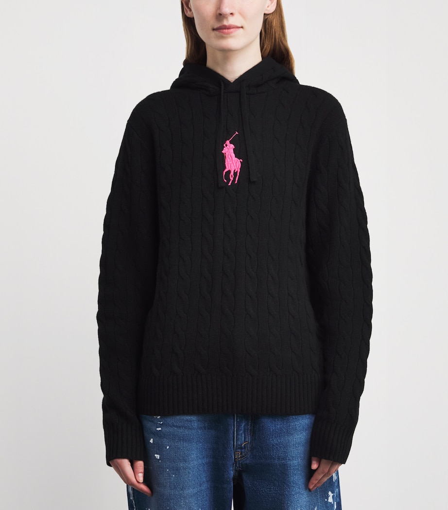 Wool-Cashmere Cable-Knit Pink Pony Hoodie POLO BLACK Image 3